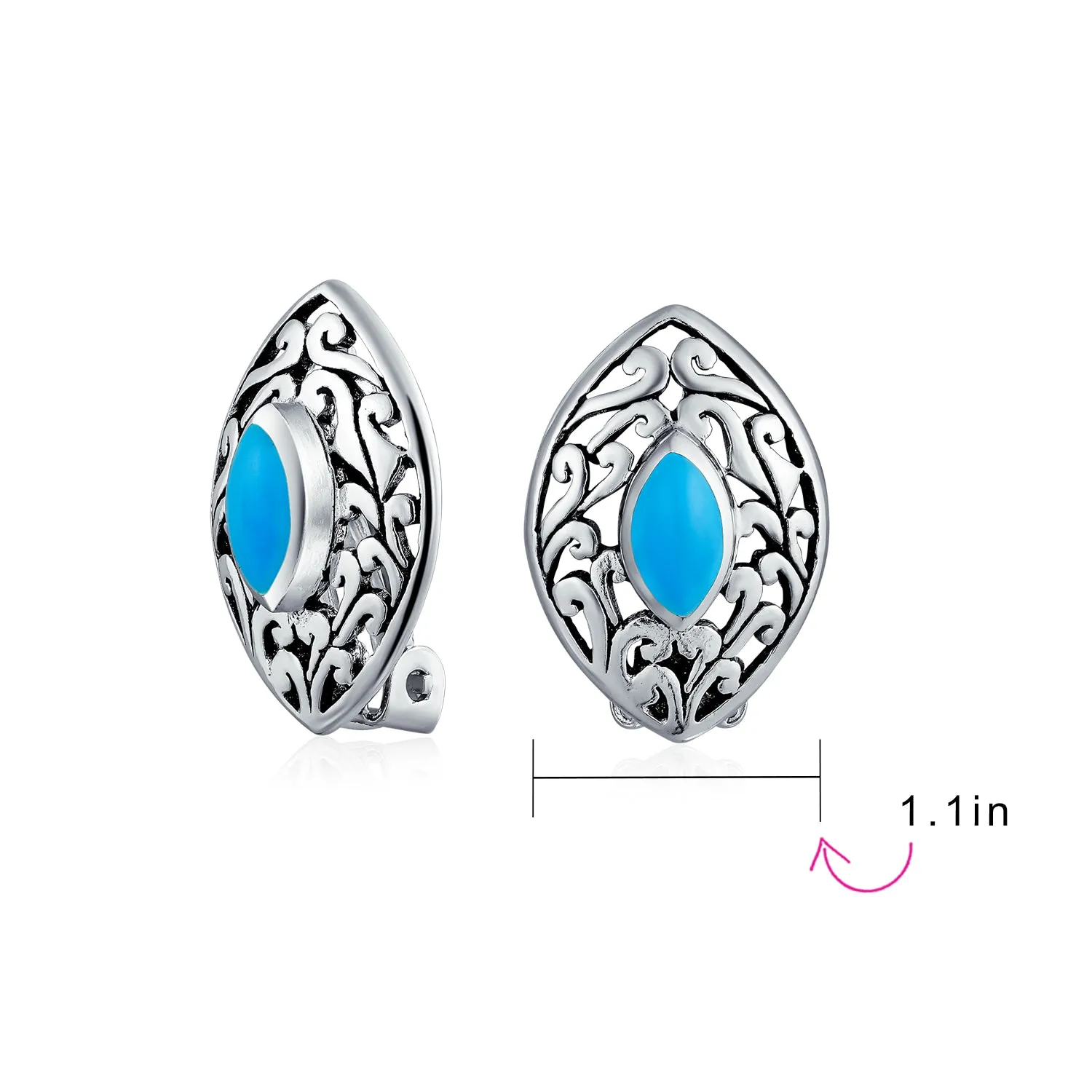 Filigree Marquise Turquoise Fan Clip On Western Earrings .925 Silver
