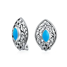 Filigree Marquise Turquoise Fan Clip On Western Earrings .925 Silver