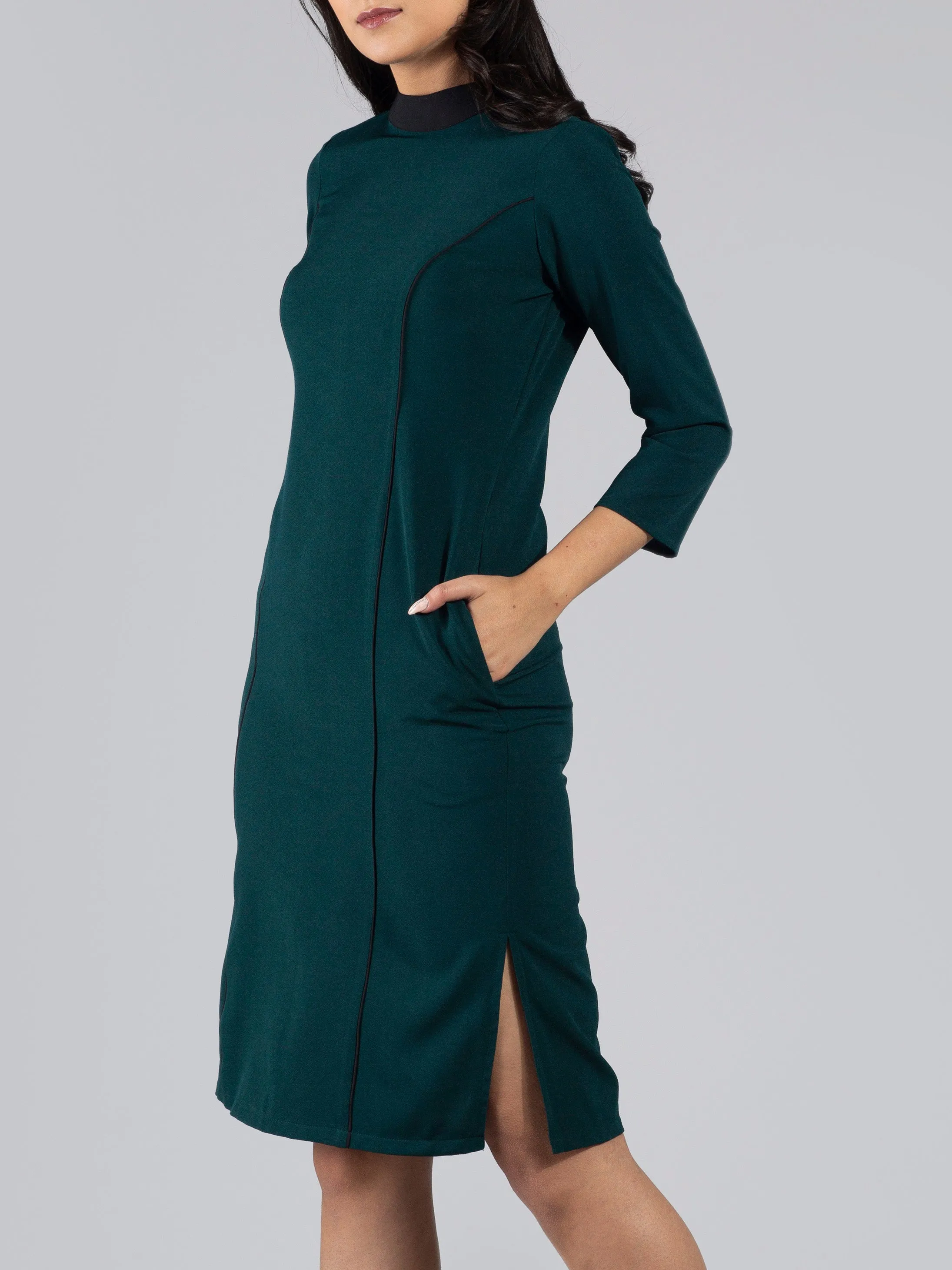 High Neck Colour Block Knee Length Dress - Dark green
