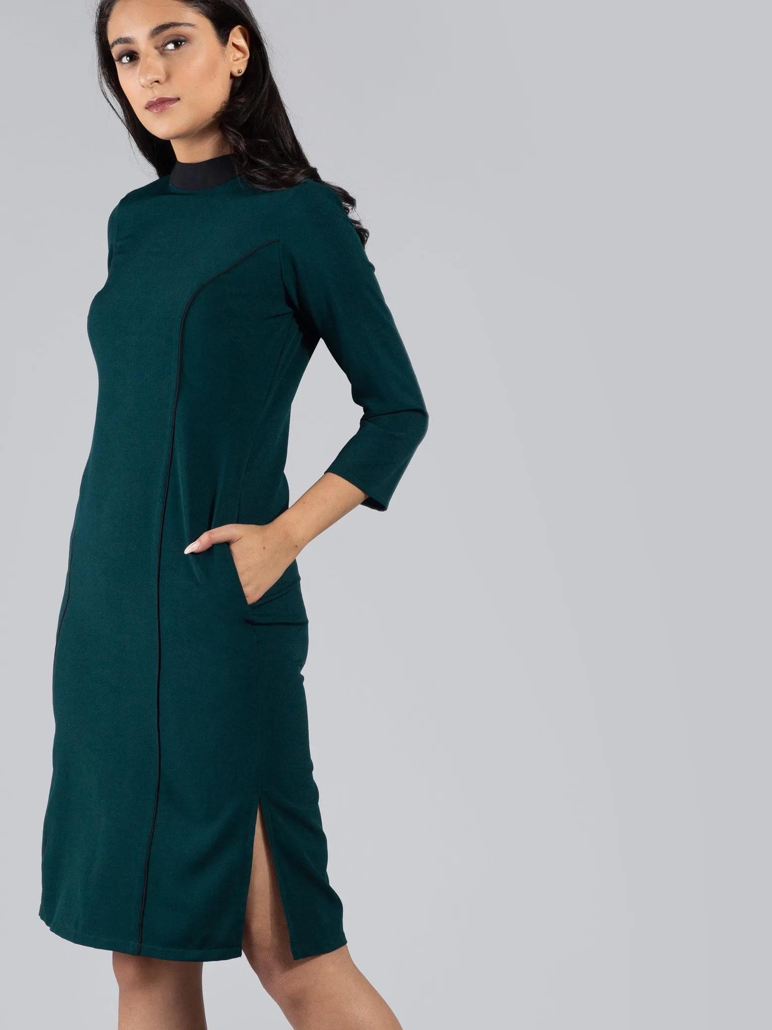 High Neck Colour Block Knee Length Dress - Dark green