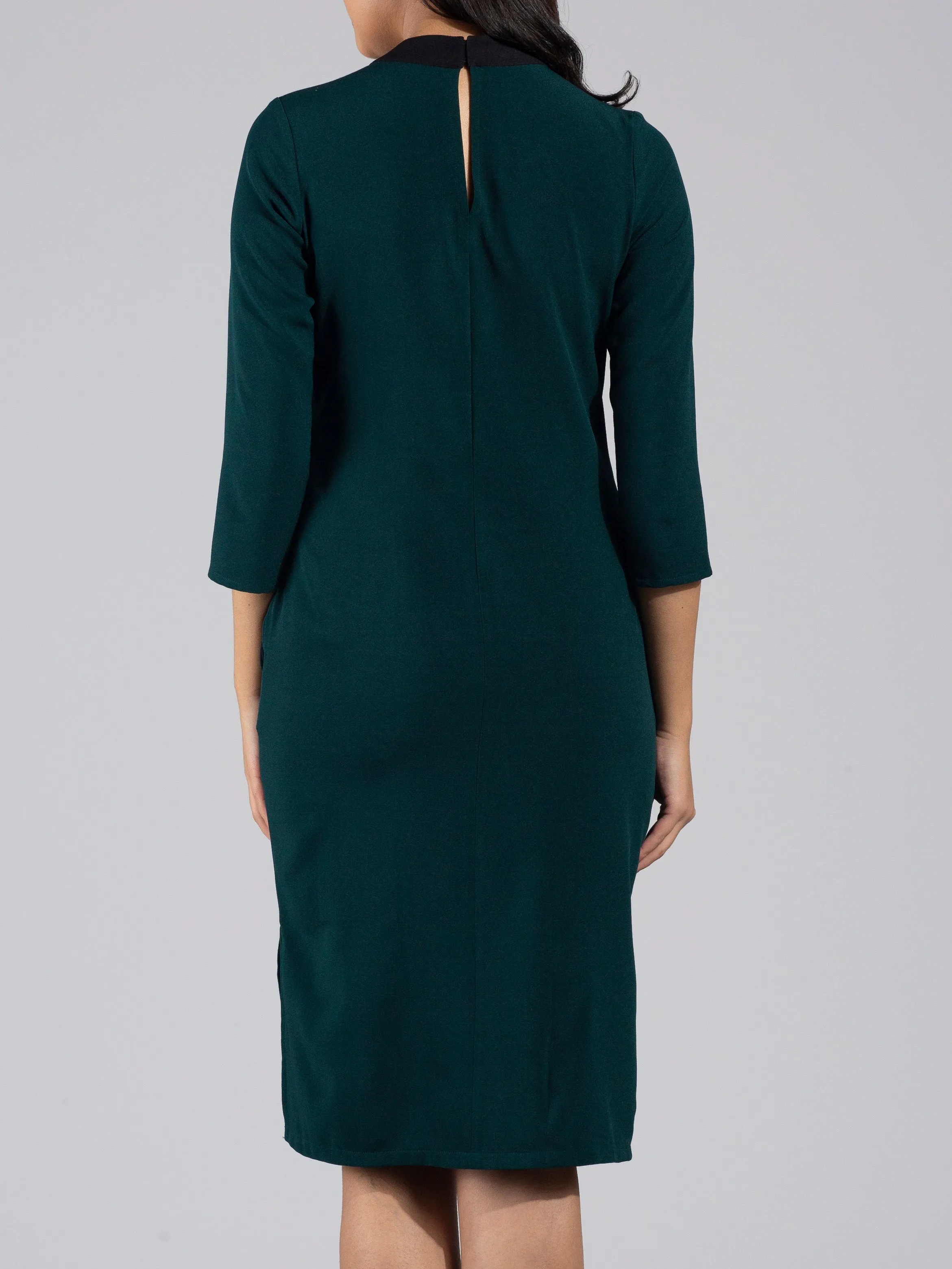 High Neck Colour Block Knee Length Dress - Dark green