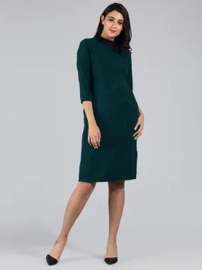 High Neck Colour Block Knee Length Dress - Dark green