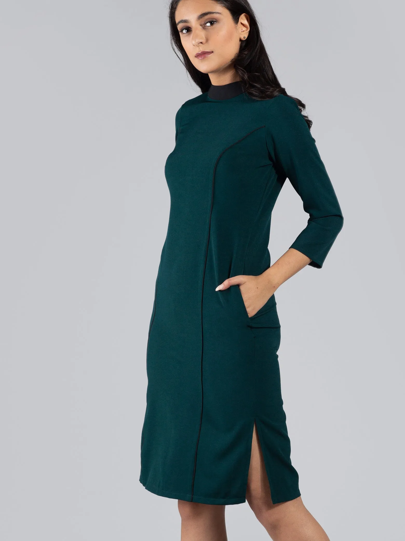 High Neck Colour Block Knee Length Dress - Dark green