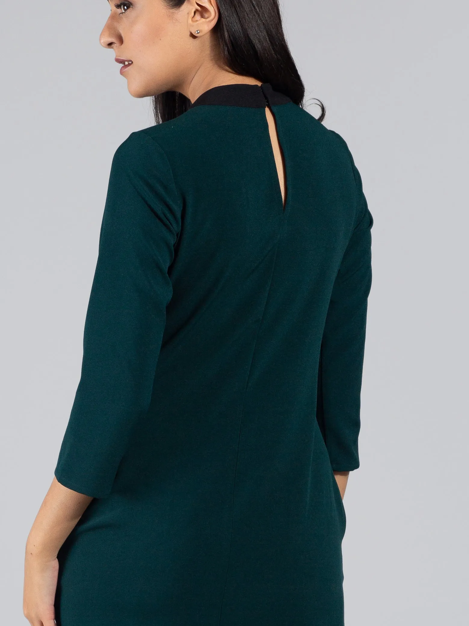 High Neck Colour Block Knee Length Dress - Dark green