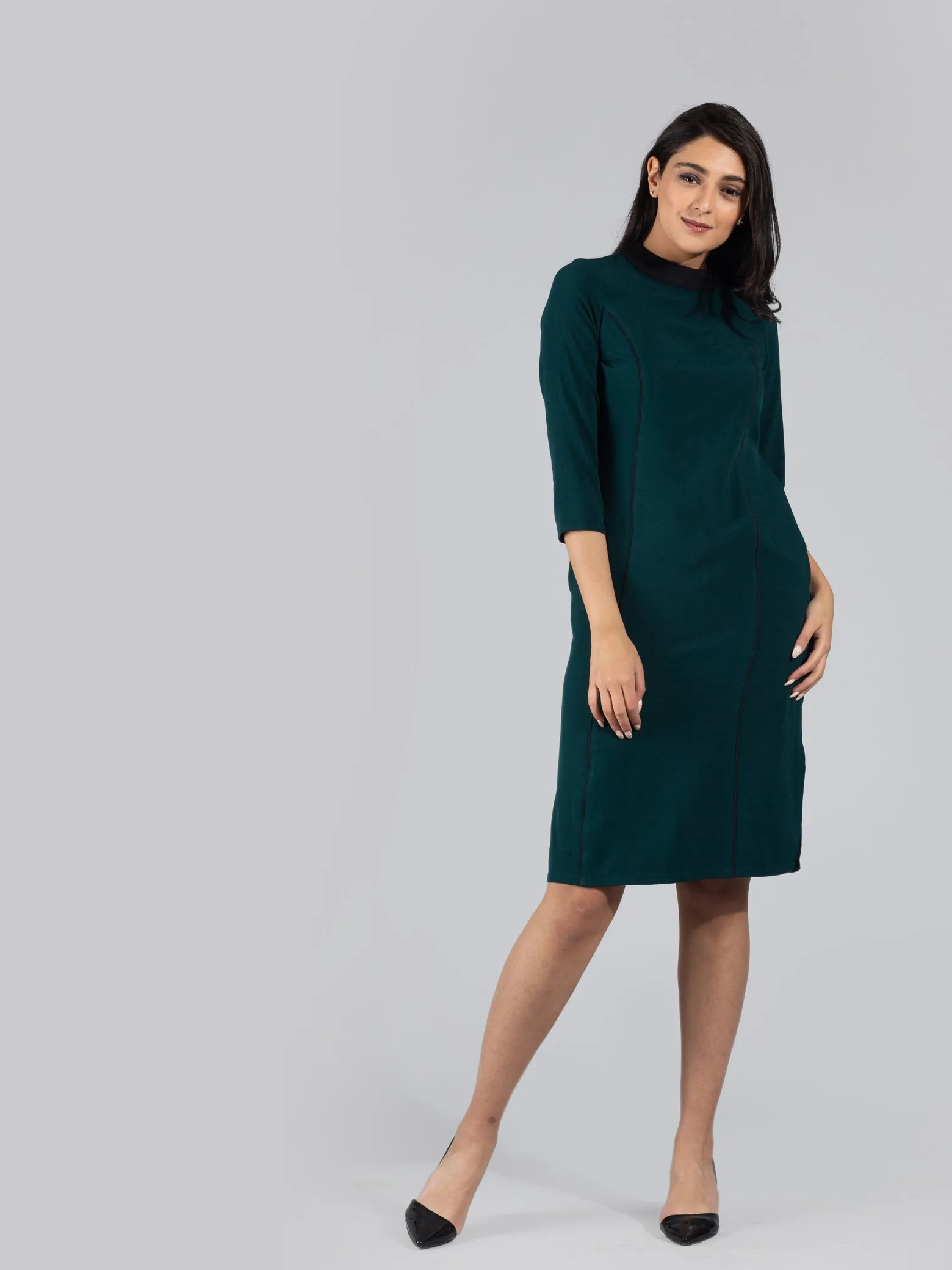 High Neck Colour Block Knee Length Dress - Dark green