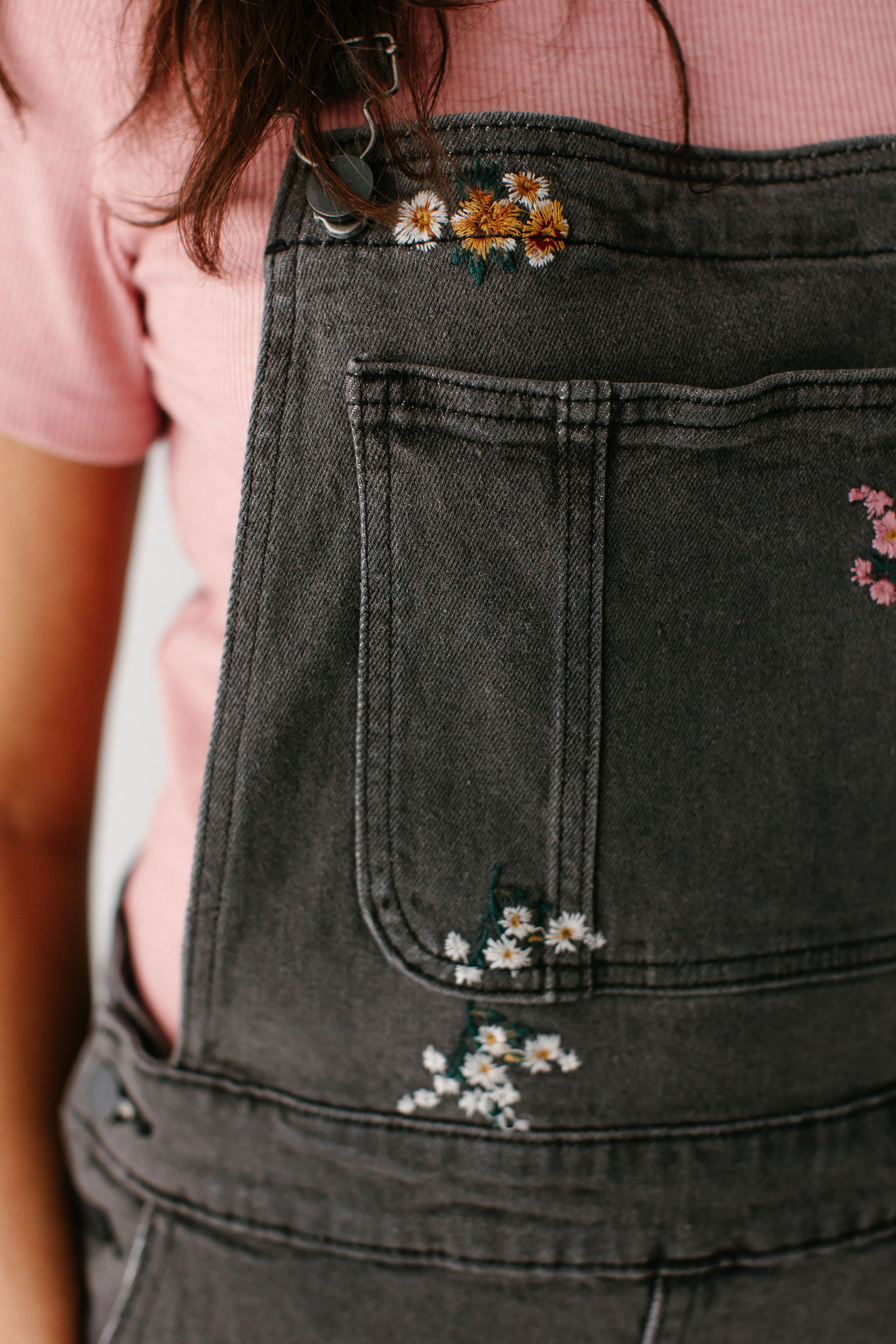 'Isla' Embroidered Floral Denim Overall Dress in Washed Black FINAL SALE