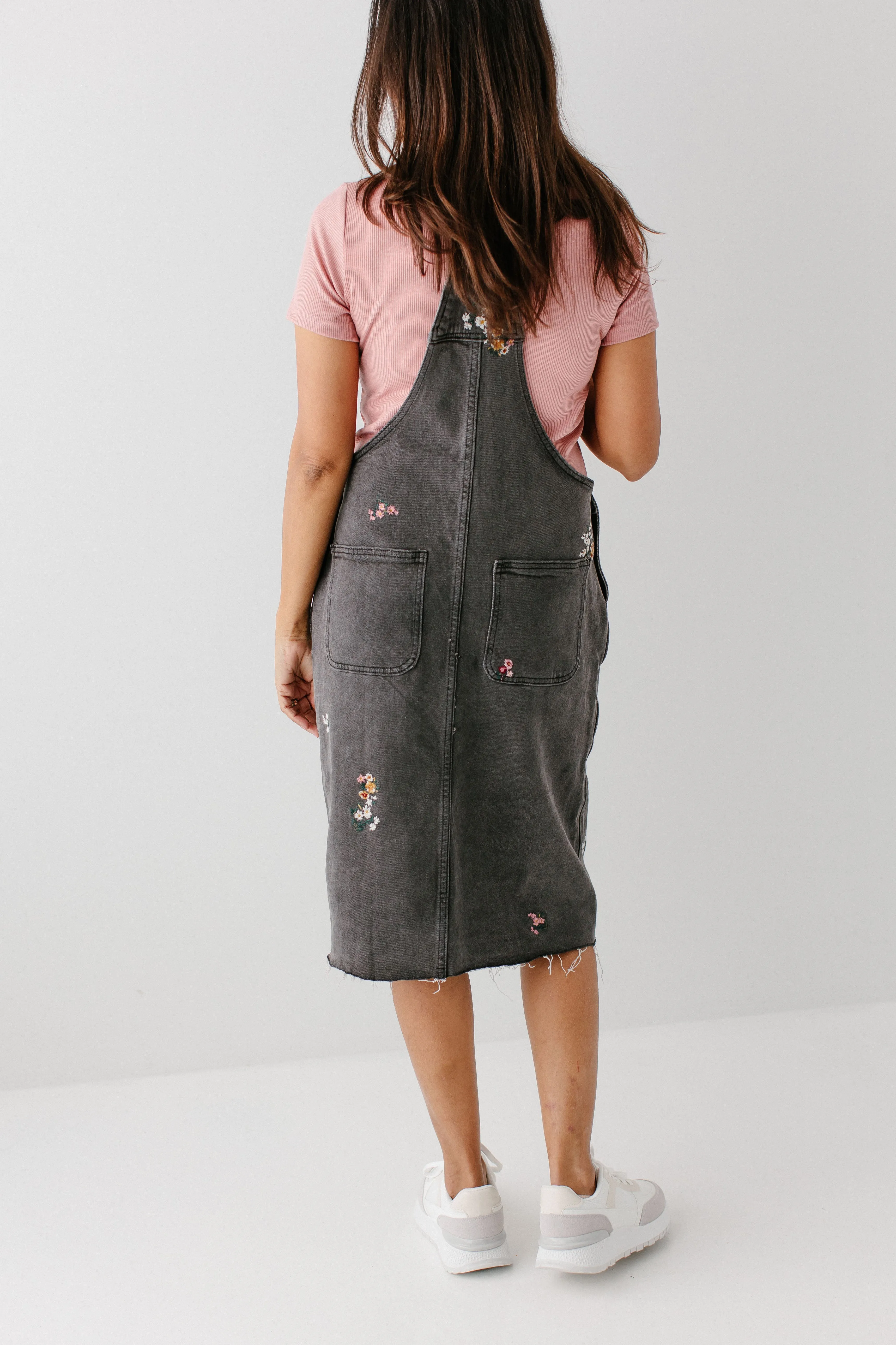 'Isla' Embroidered Floral Denim Overall Dress in Washed Black FINAL SALE