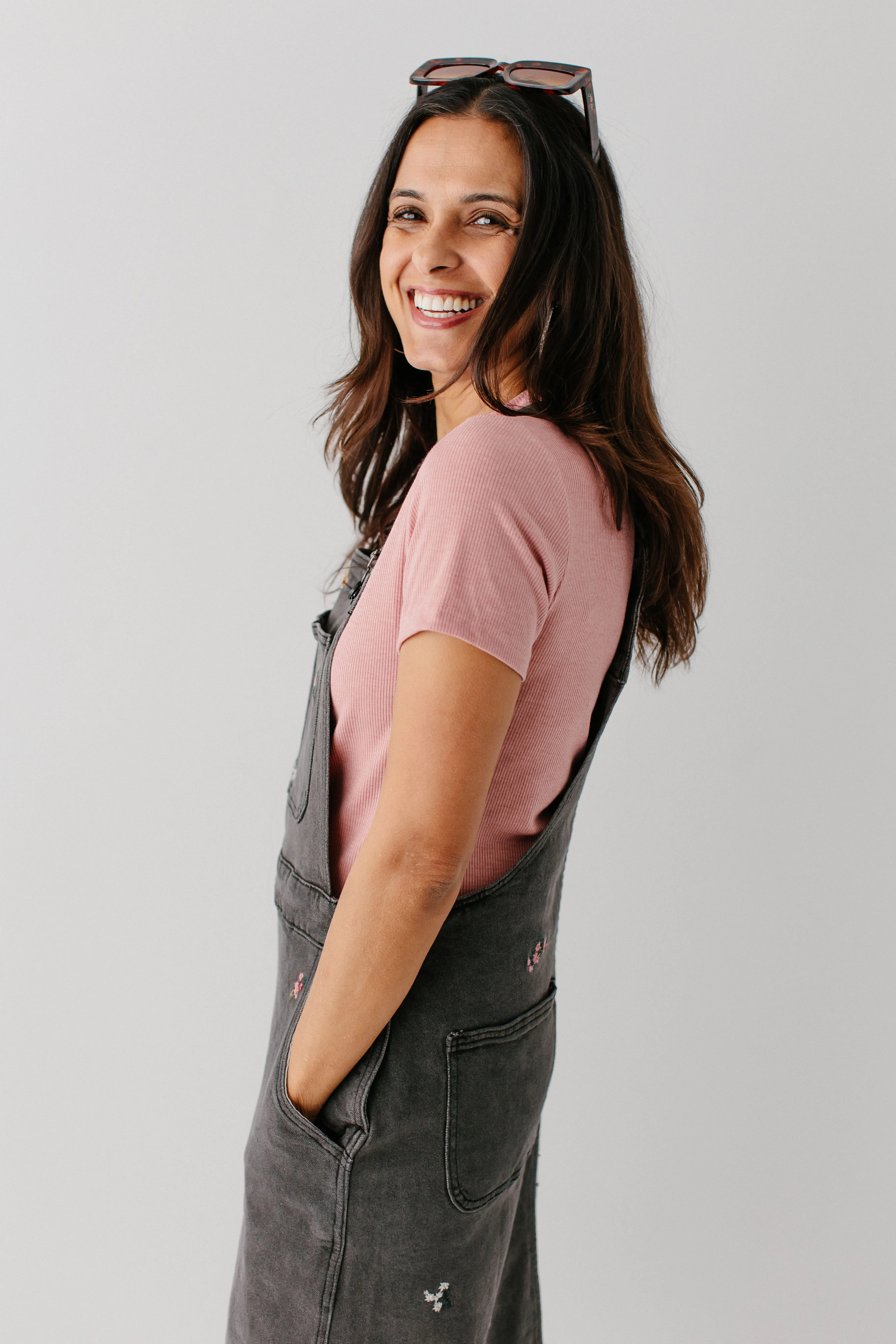 'Isla' Embroidered Floral Denim Overall Dress in Washed Black FINAL SALE