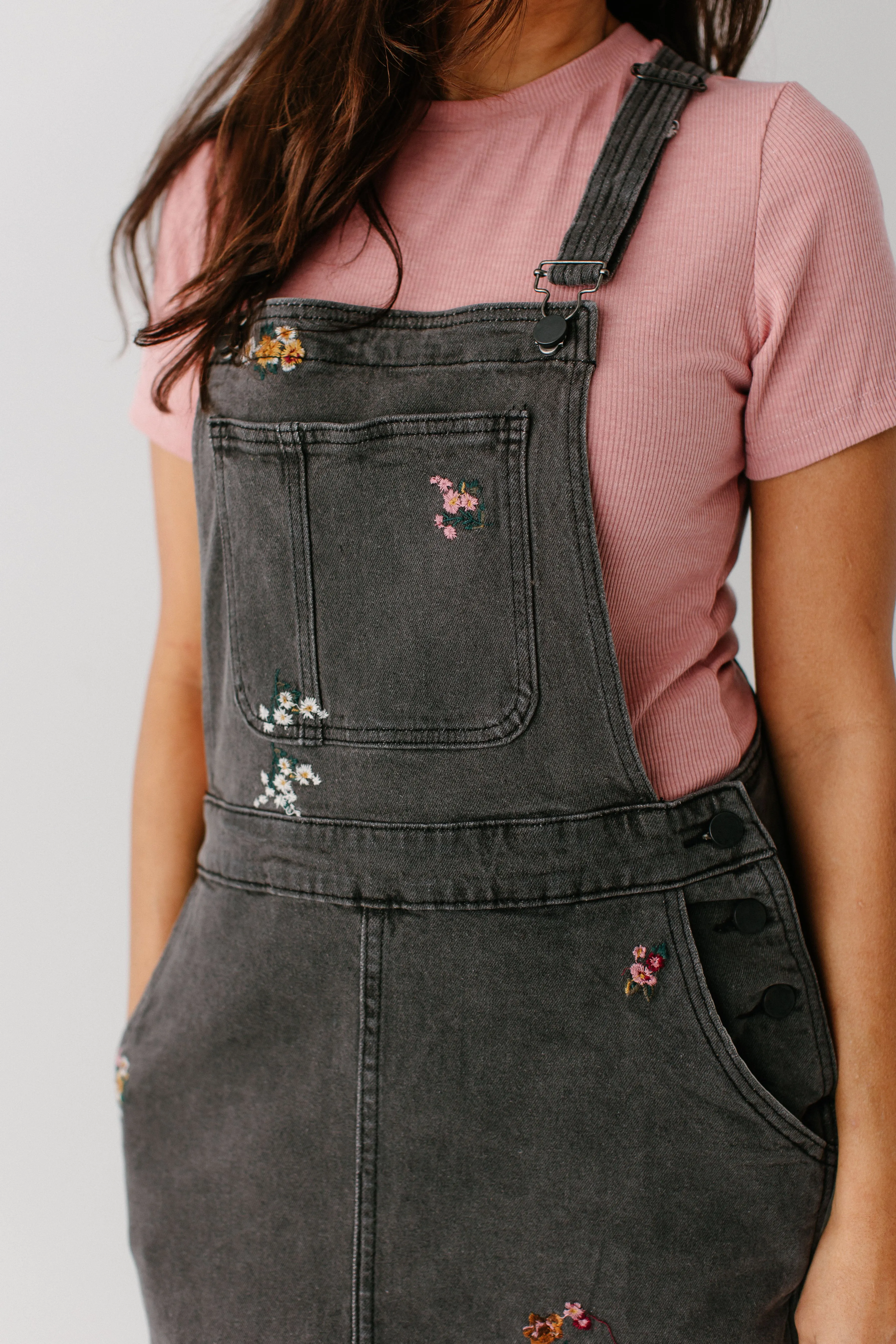 'Isla' Embroidered Floral Denim Overall Dress in Washed Black FINAL SALE