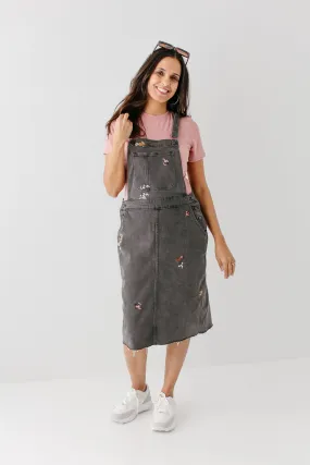 'Isla' Embroidered Floral Denim Overall Dress in Washed Black FINAL SALE