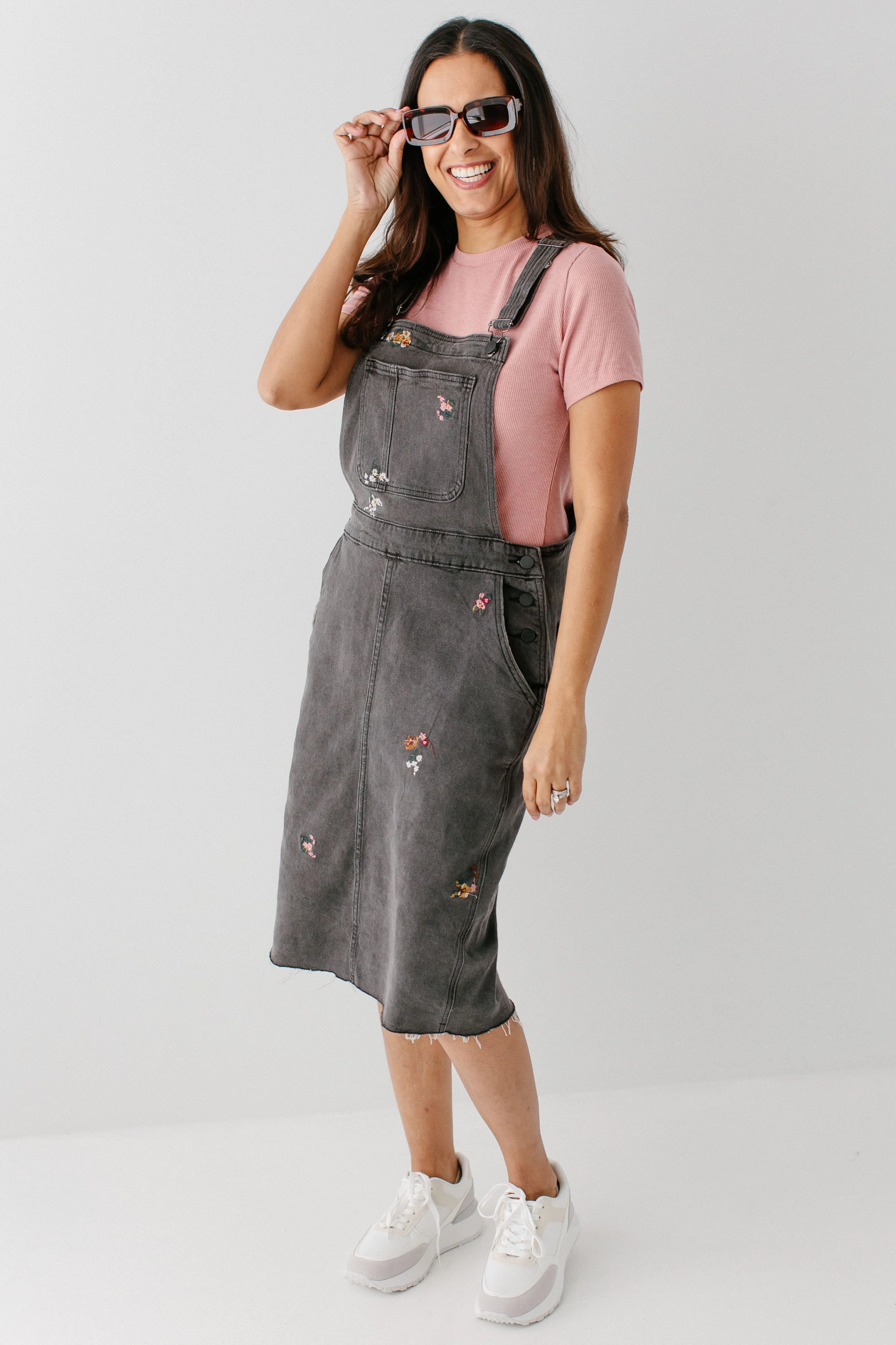 'Isla' Embroidered Floral Denim Overall Dress in Washed Black FINAL SALE