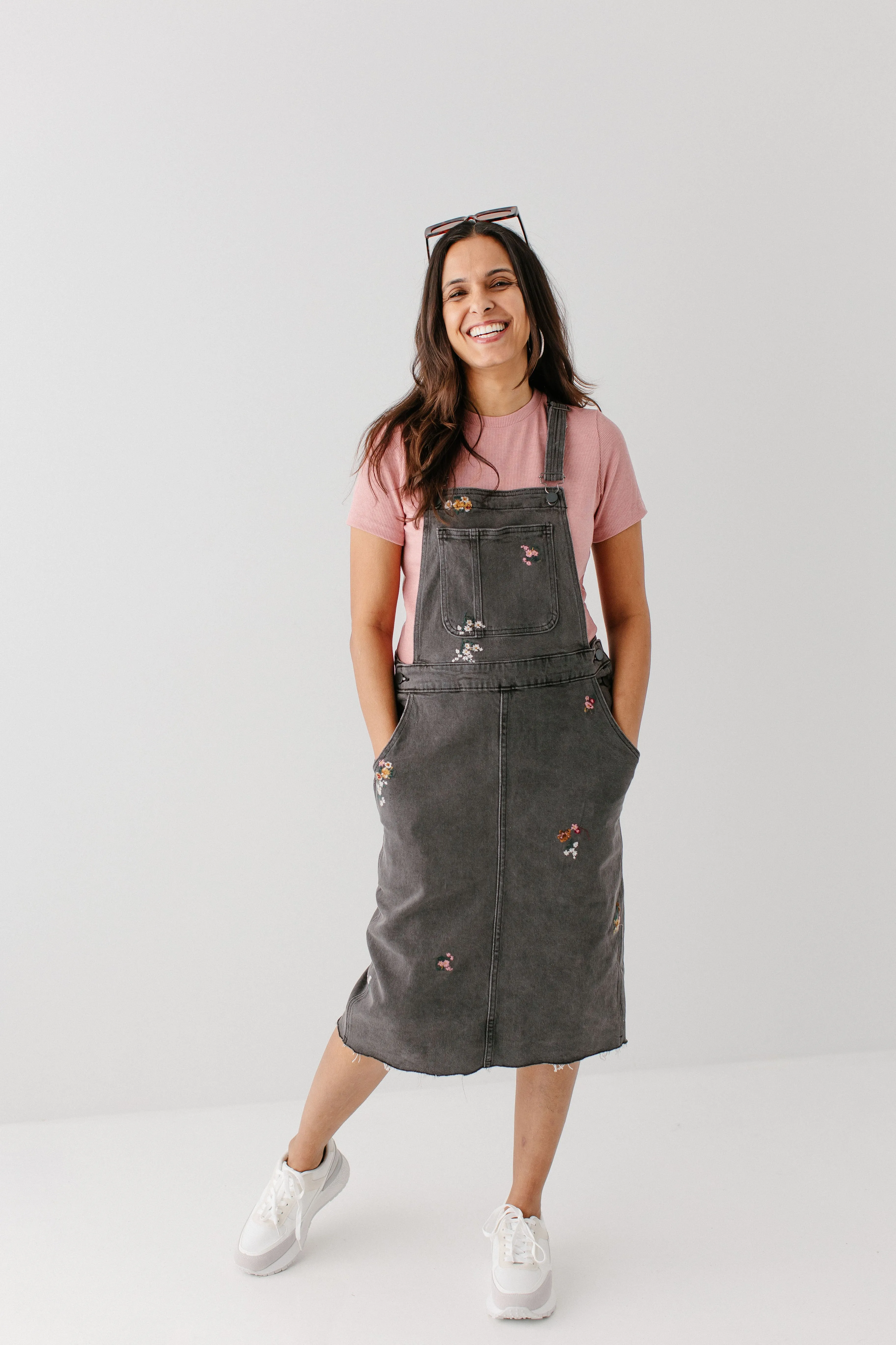 'Isla' Embroidered Floral Denim Overall Dress in Washed Black FINAL SALE
