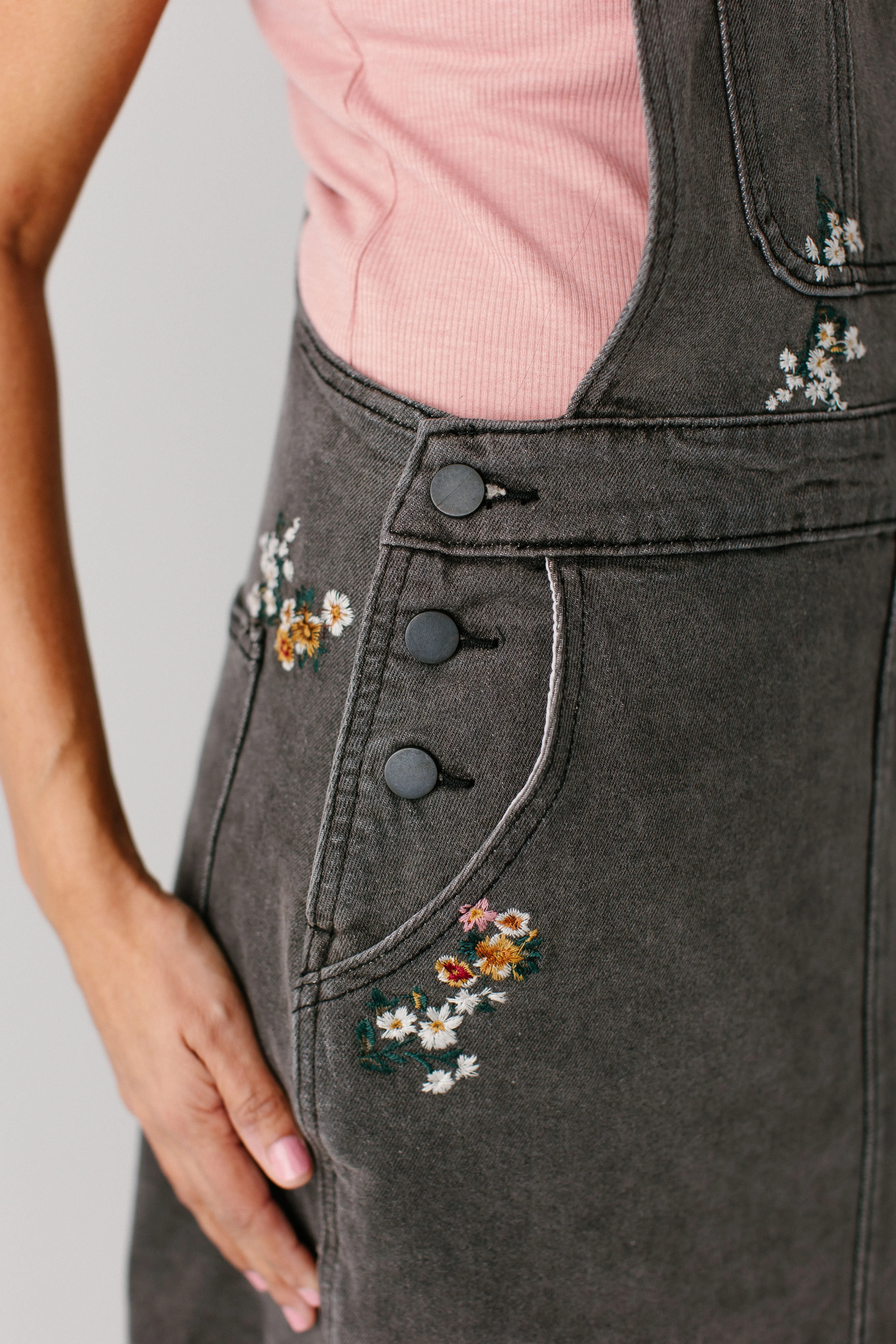 'Isla' Embroidered Floral Denim Overall Dress in Washed Black FINAL SALE