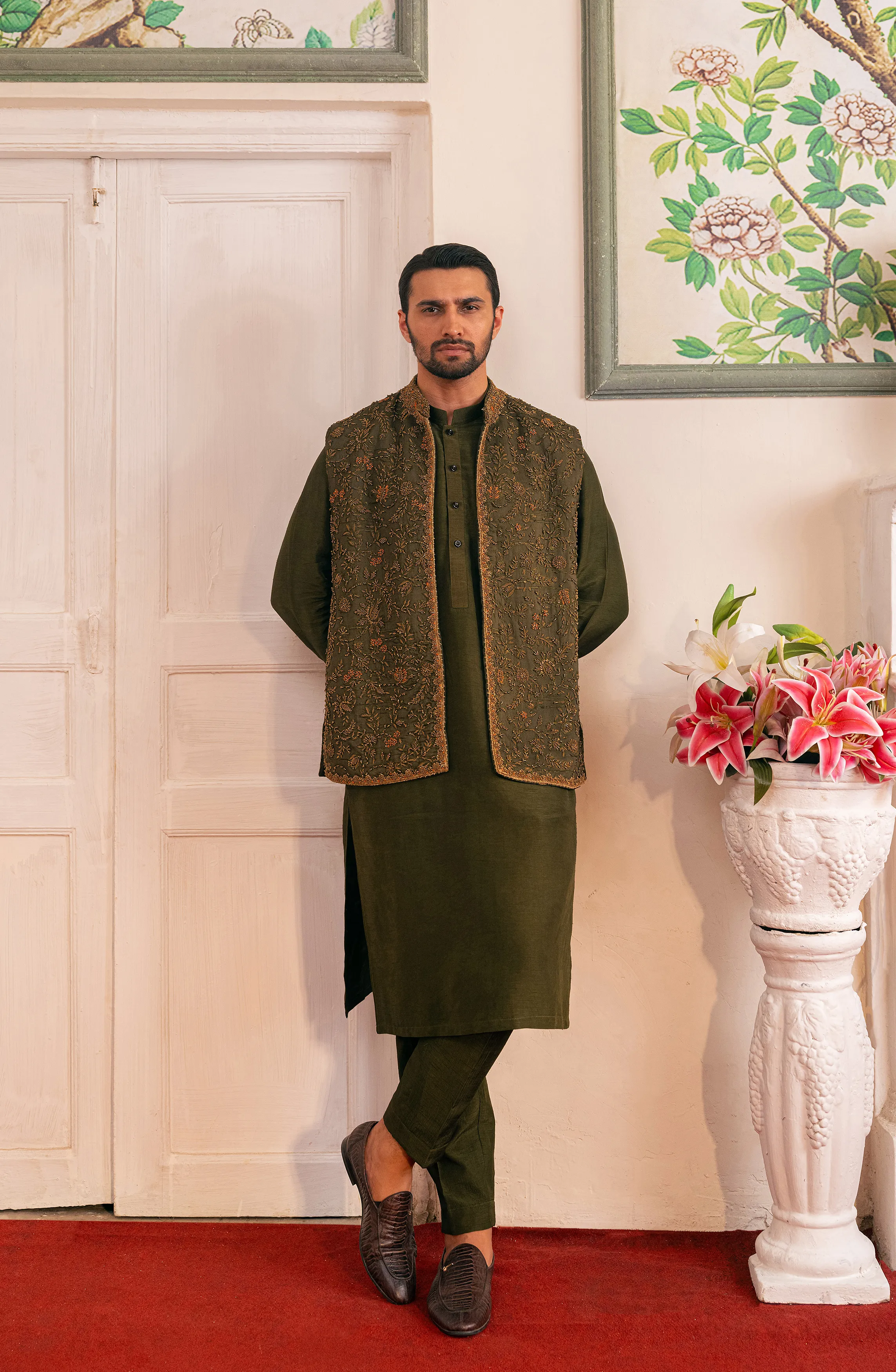Jahaan – Olive Green Silk Ensemble