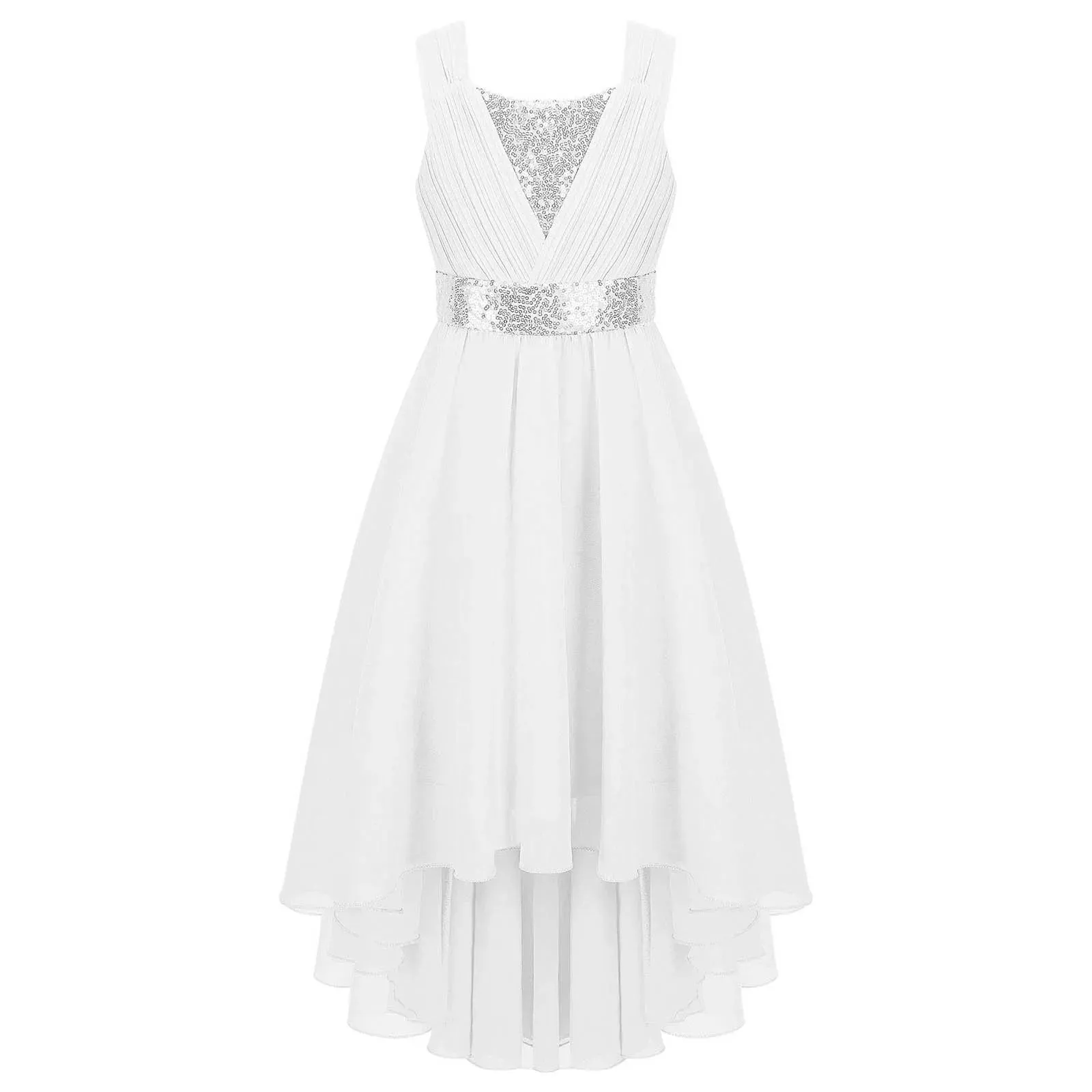 Junior Bridesmaid Dress Kids Girls Pleated Chiffon Dress Shiny Sequins Wedding Costume Children Princess Party Pageant Dress