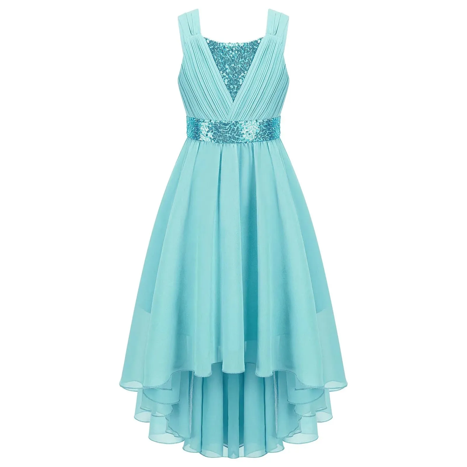 Junior Bridesmaid Dress Kids Girls Pleated Chiffon Dress Shiny Sequins Wedding Costume Children Princess Party Pageant Dress