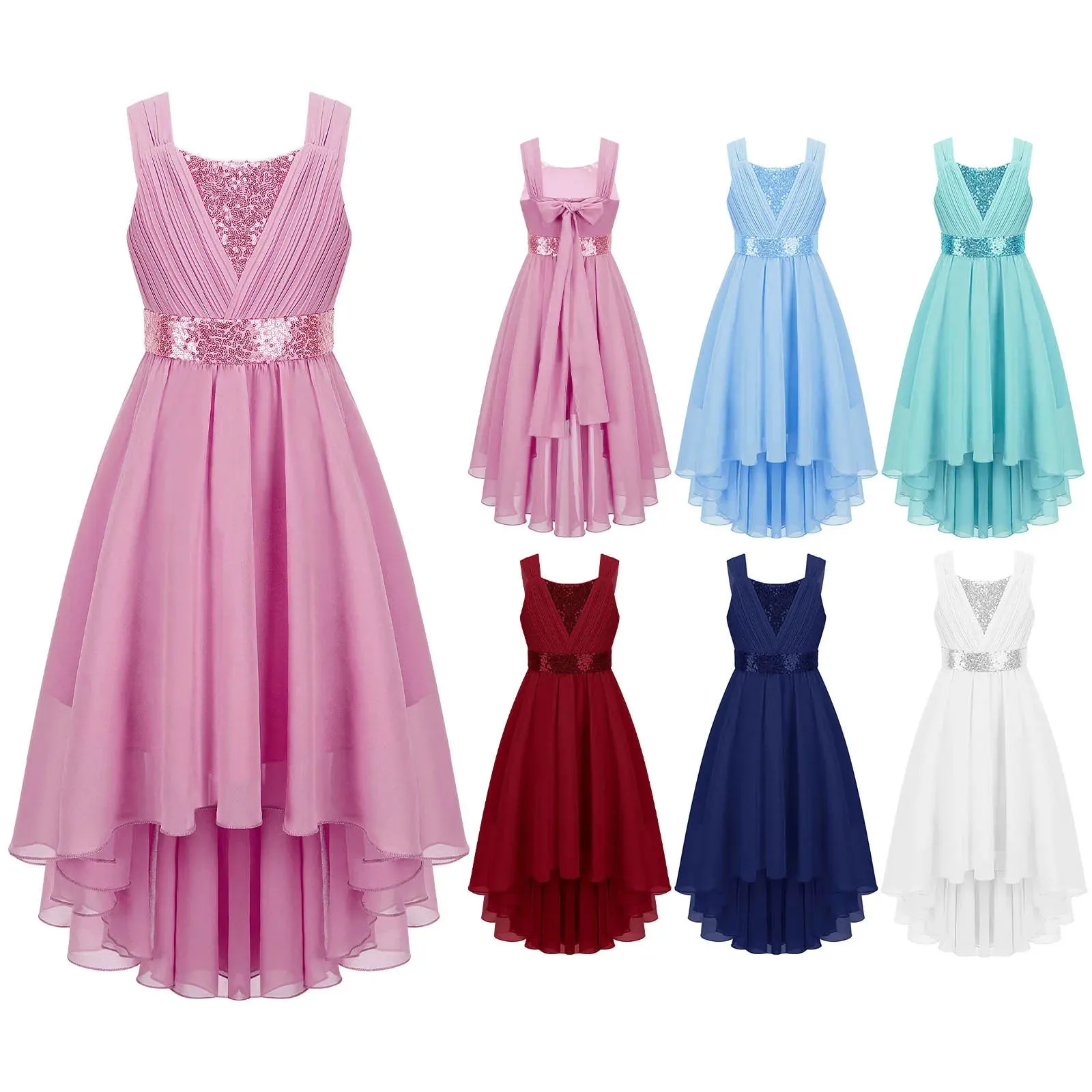 Junior Bridesmaid Dress Kids Girls Pleated Chiffon Dress Shiny Sequins Wedding Costume Children Princess Party Pageant Dress