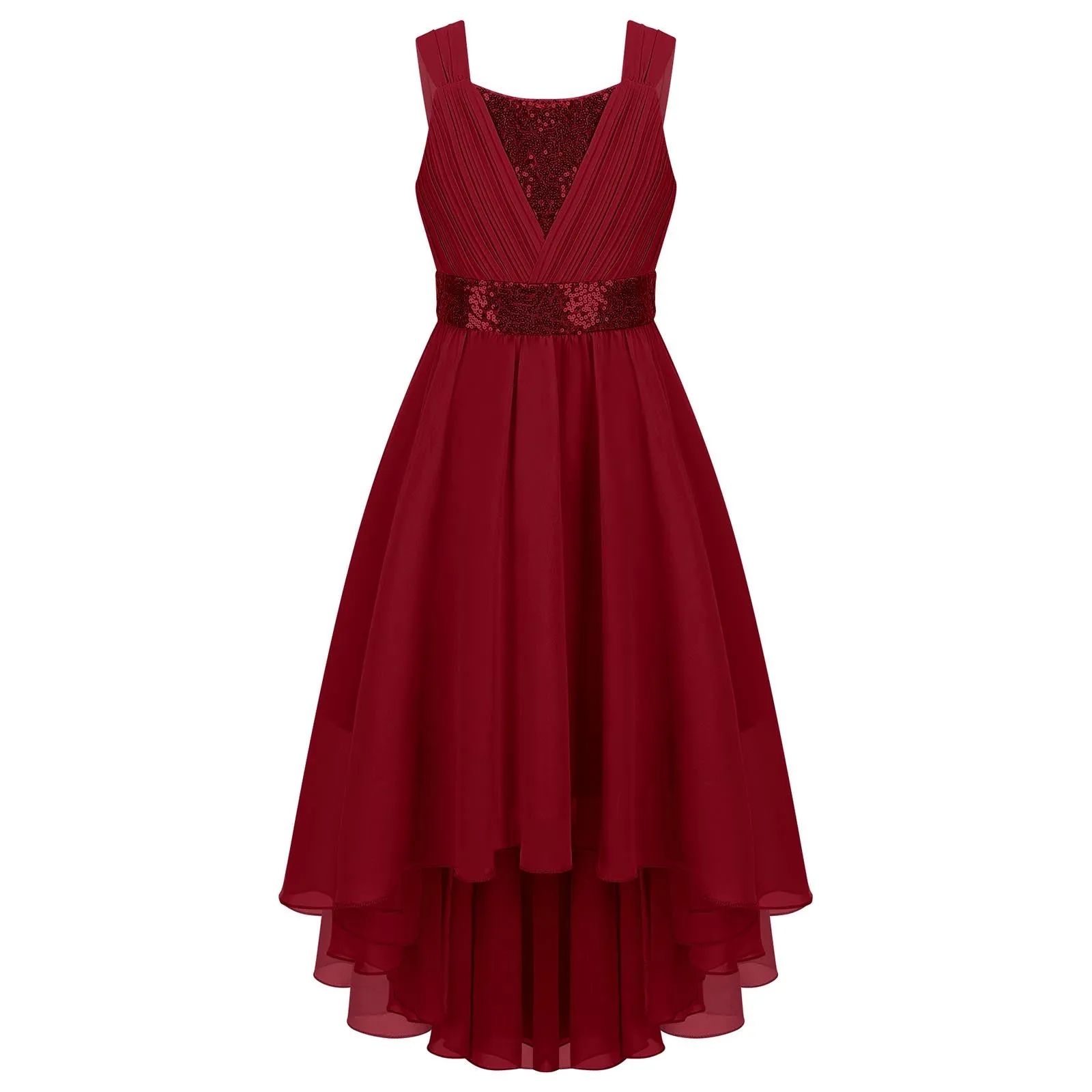 Junior Bridesmaid Dress Kids Girls Pleated Chiffon Dress Shiny Sequins Wedding Costume Children Princess Party Pageant Dress