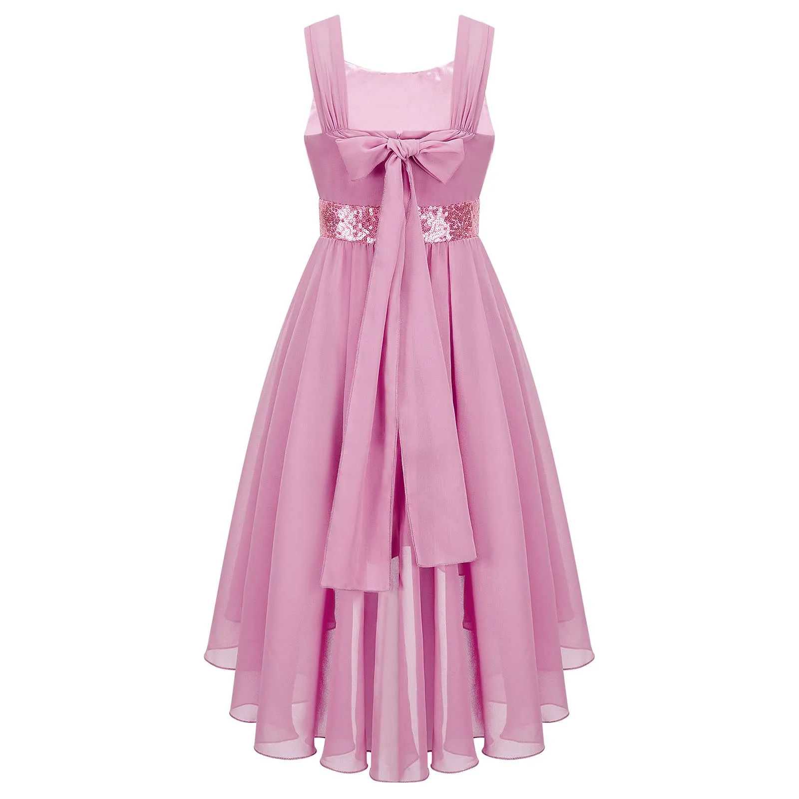 Junior Bridesmaid Dress Kids Girls Pleated Chiffon Dress Shiny Sequins Wedding Costume Children Princess Party Pageant Dress