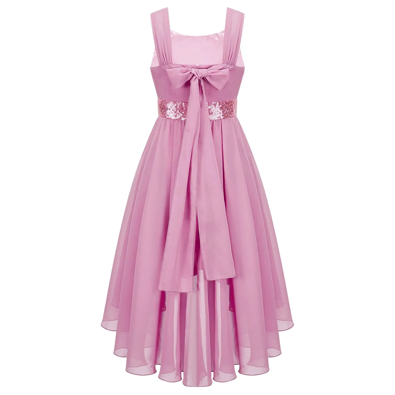 Junior Bridesmaid Dress Kids Girls Pleated Chiffon Dress Shiny Sequins Wedding Costume Children Princess Party Pageant Dress