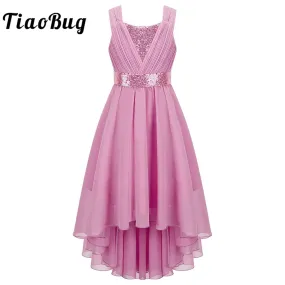 Junior Bridesmaid Dress Kids Girls Pleated Chiffon Dress Shiny Sequins Wedding Costume Children Princess Party Pageant Dress