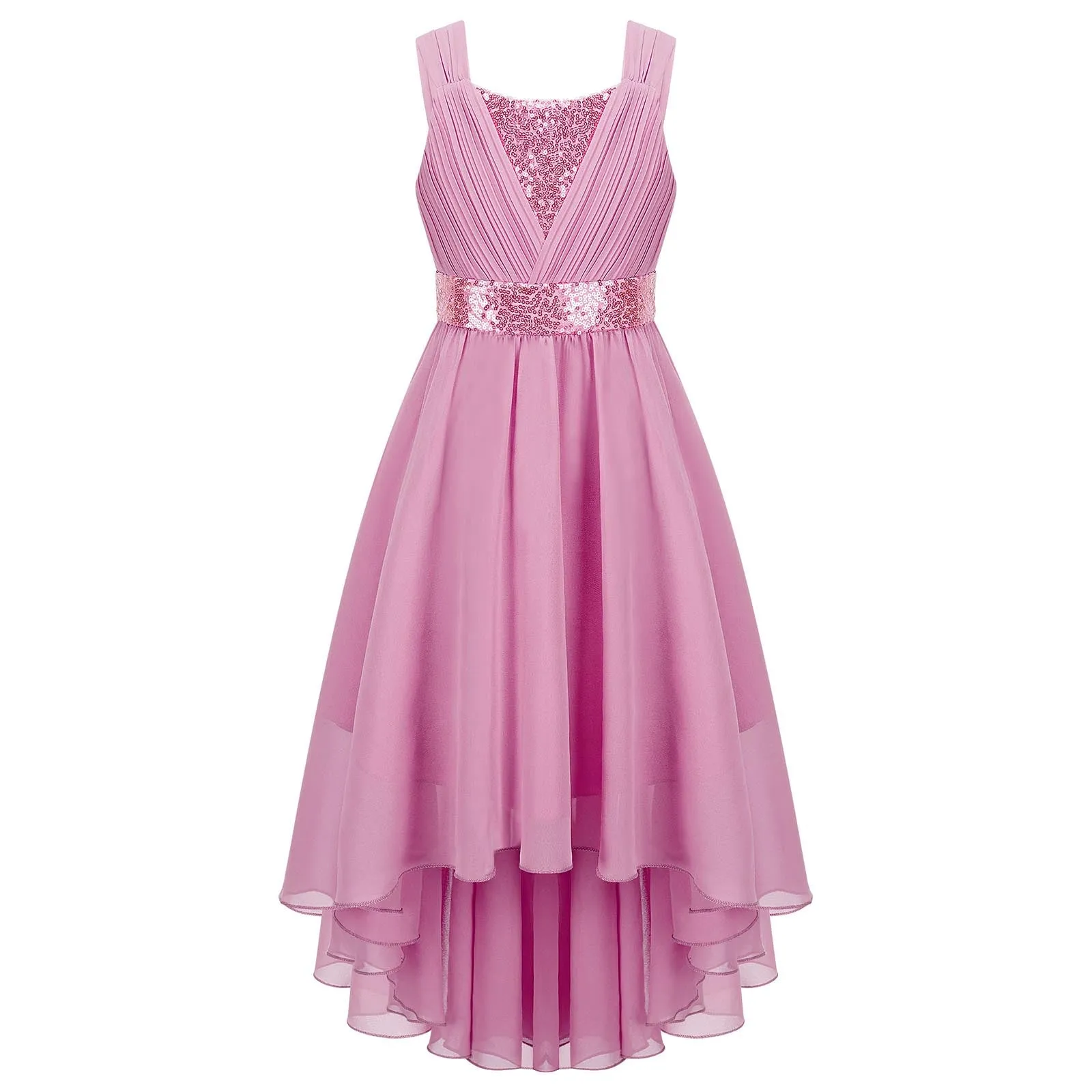 Junior Bridesmaid Dress Kids Girls Pleated Chiffon Dress Shiny Sequins Wedding Costume Children Princess Party Pageant Dress