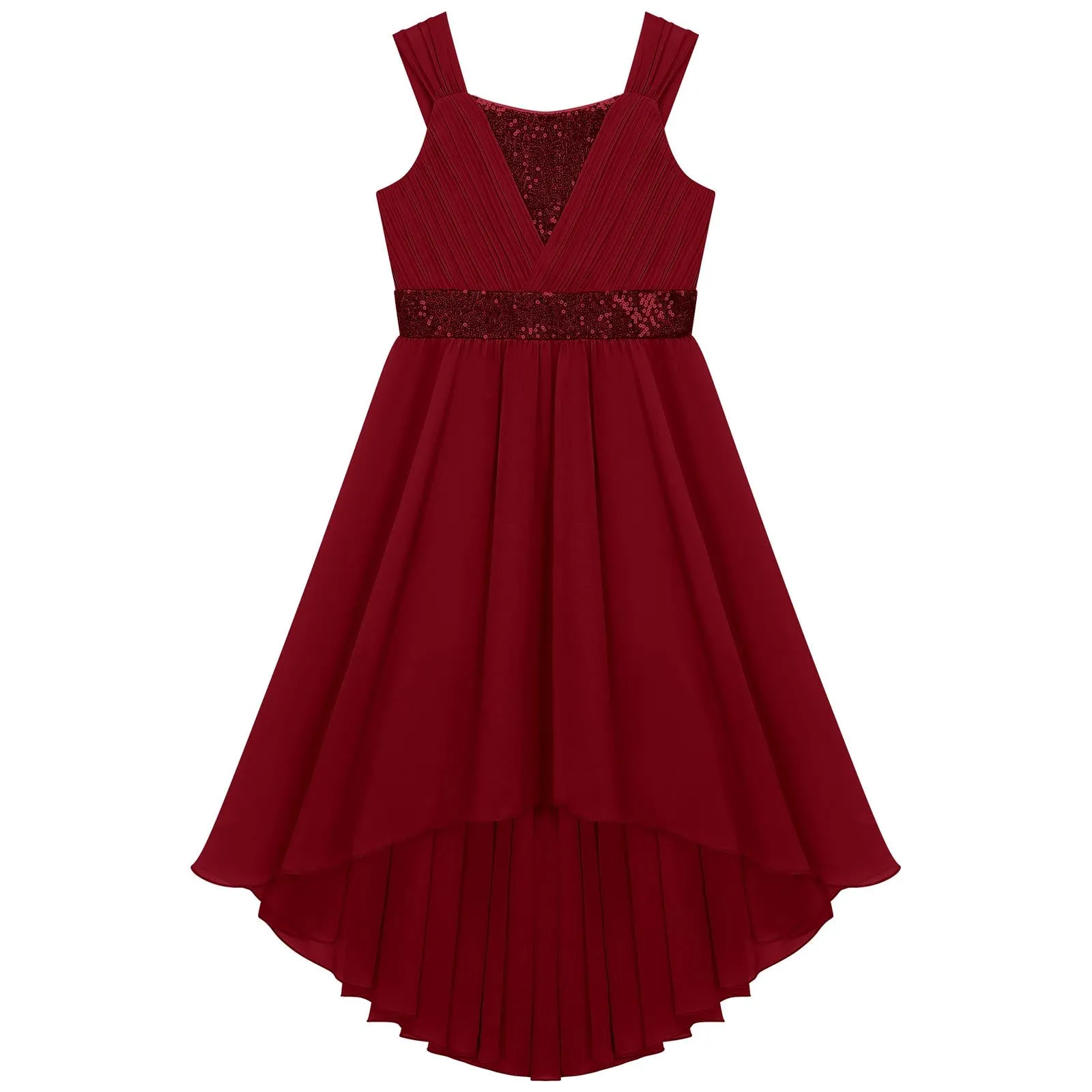 Junior Bridesmaid Dress Kids Girls Pleated Chiffon Dress Shiny Sequins Wedding Costume Children Princess Party Pageant Dress