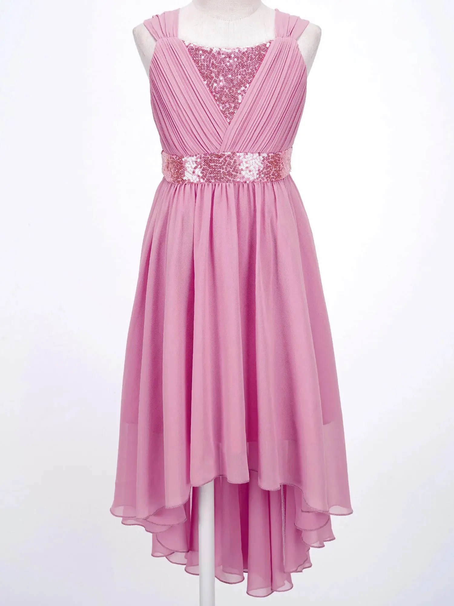 Junior Bridesmaid Dress Kids Girls Pleated Chiffon Dress Shiny Sequins Wedding Costume Children Princess Party Pageant Dress