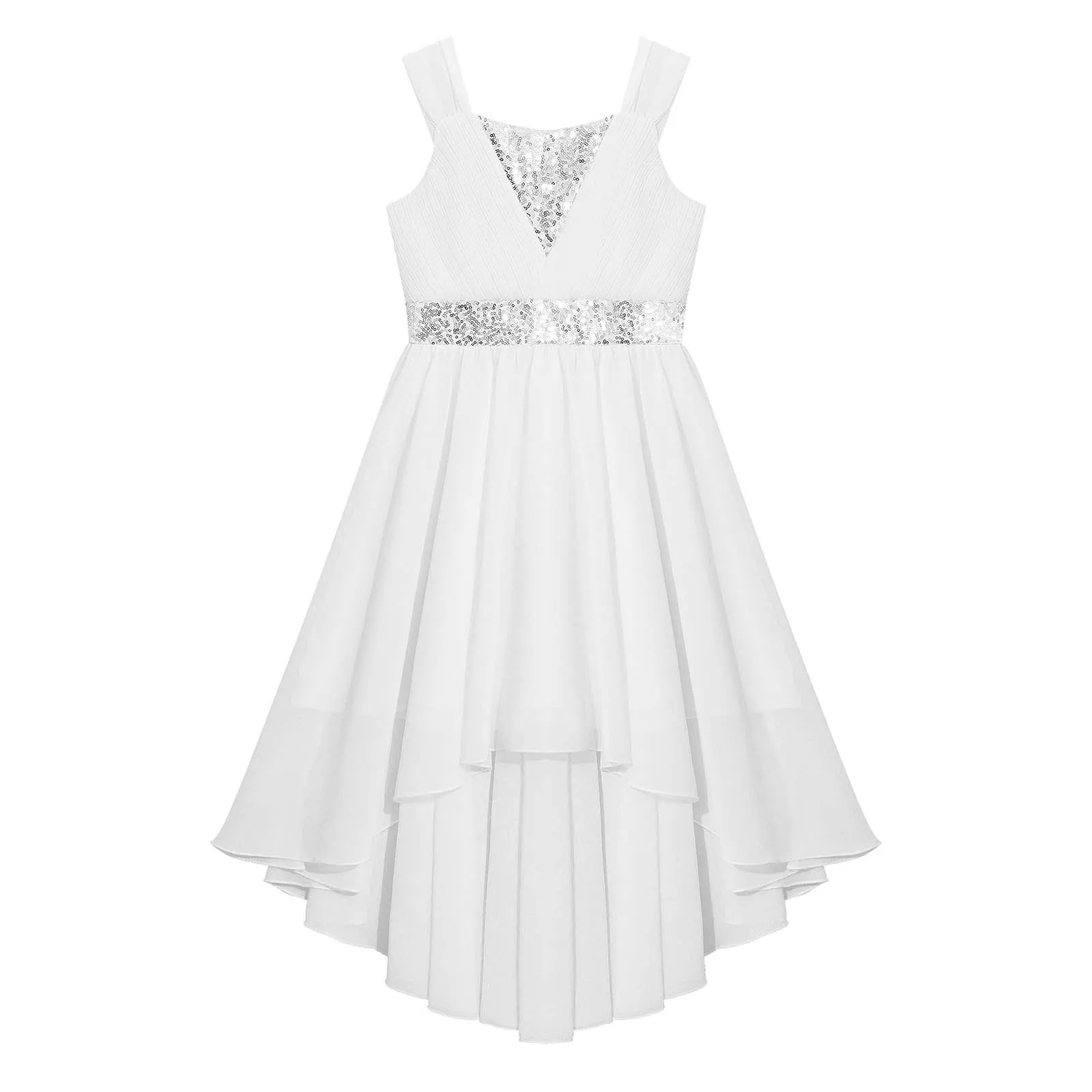Junior Bridesmaid Dress Kids Girls Pleated Chiffon Dress Shiny Sequins Wedding Costume Children Princess Party Pageant Dress