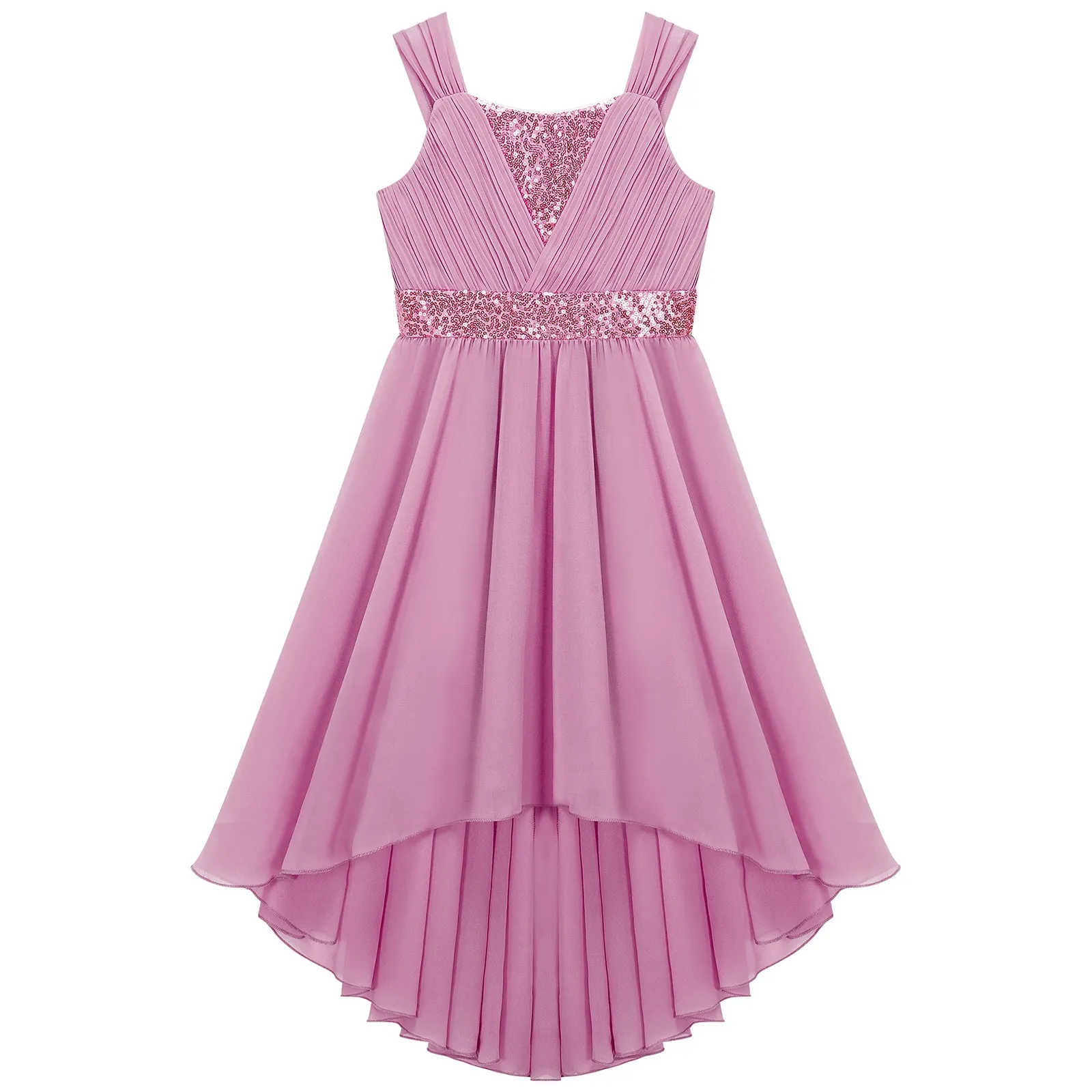 Junior Bridesmaid Dress Kids Girls Pleated Chiffon Dress Shiny Sequins Wedding Costume Children Princess Party Pageant Dress