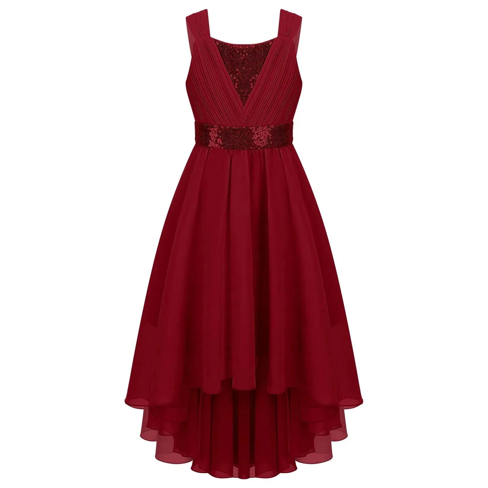 Junior Bridesmaid Dress Kids Girls Pleated Chiffon Dress Shiny Sequins Wedding Costume Children Princess Party Pageant Dress