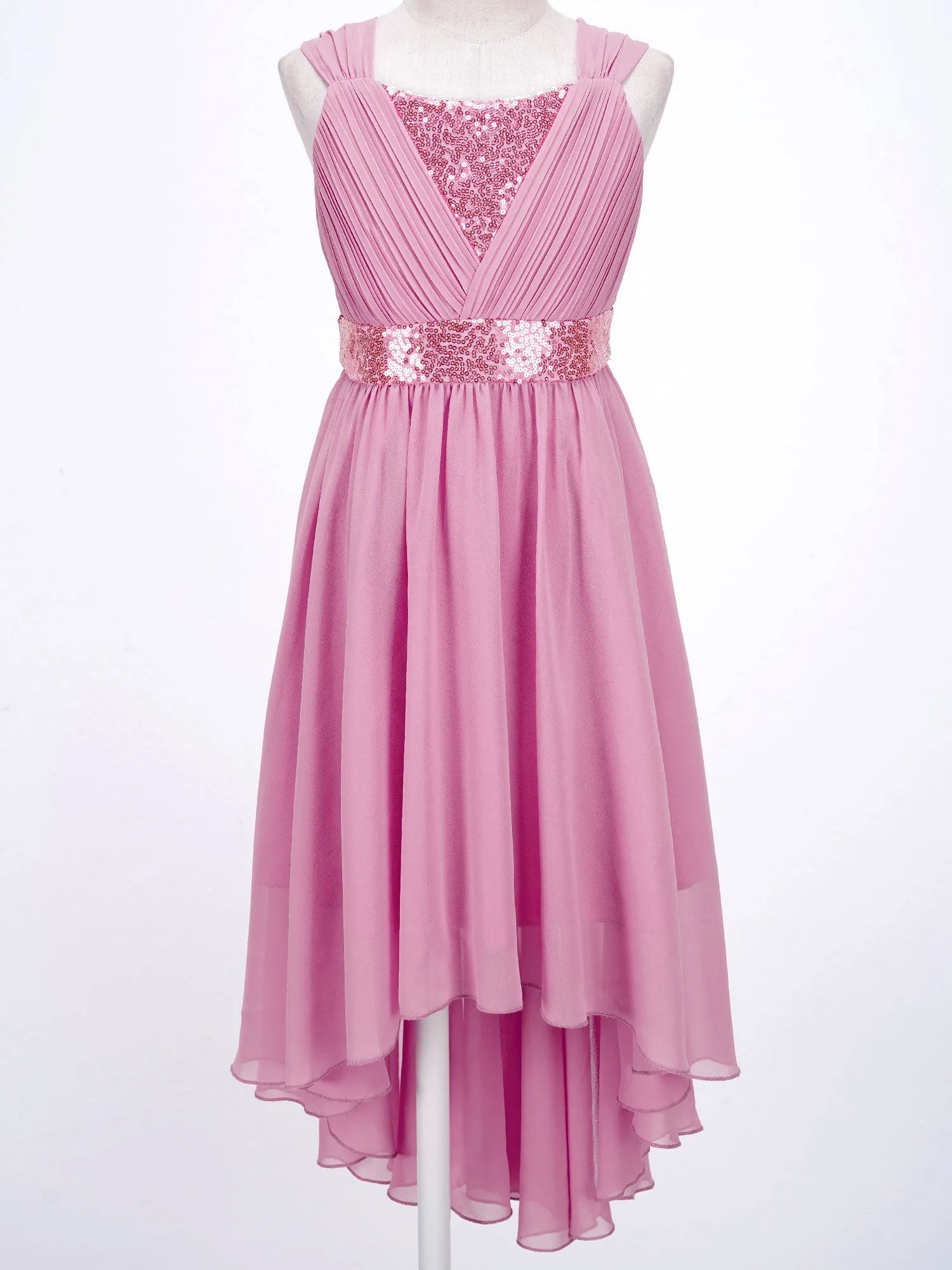 Junior Bridesmaid Dress Kids Girls Pleated Chiffon Dress Shiny Sequins Wedding Costume Children Princess Party Pageant Dress