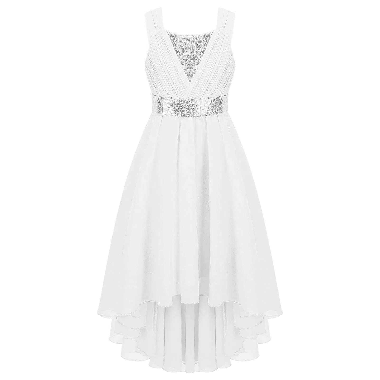 Junior Bridesmaid Dress Kids Girls Pleated Chiffon Dress Shiny Sequins Wedding Costume Children Princess Party Pageant Dress