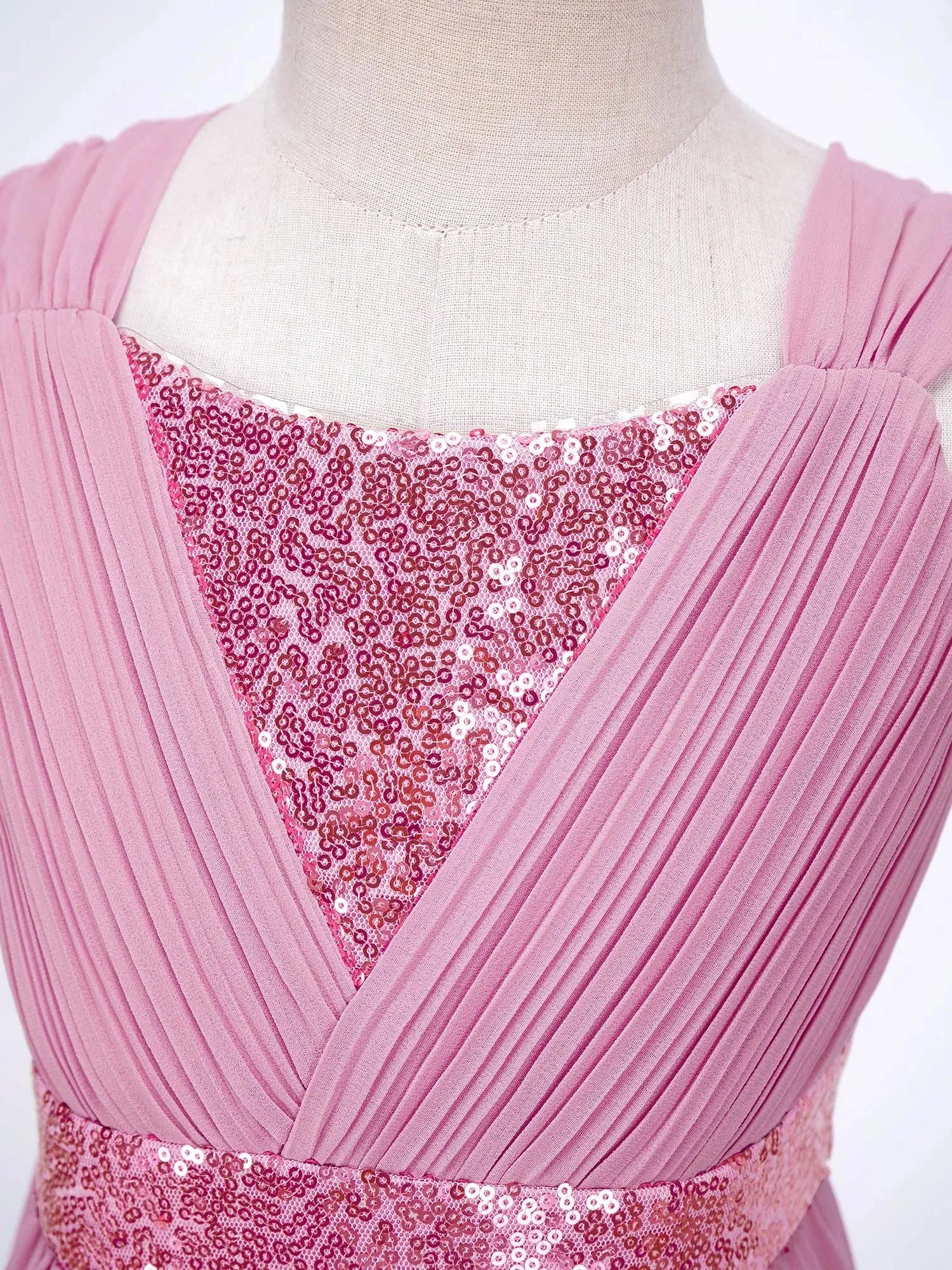 Junior Bridesmaid Dress Kids Girls Pleated Chiffon Dress Shiny Sequins Wedding Costume Children Princess Party Pageant Dress