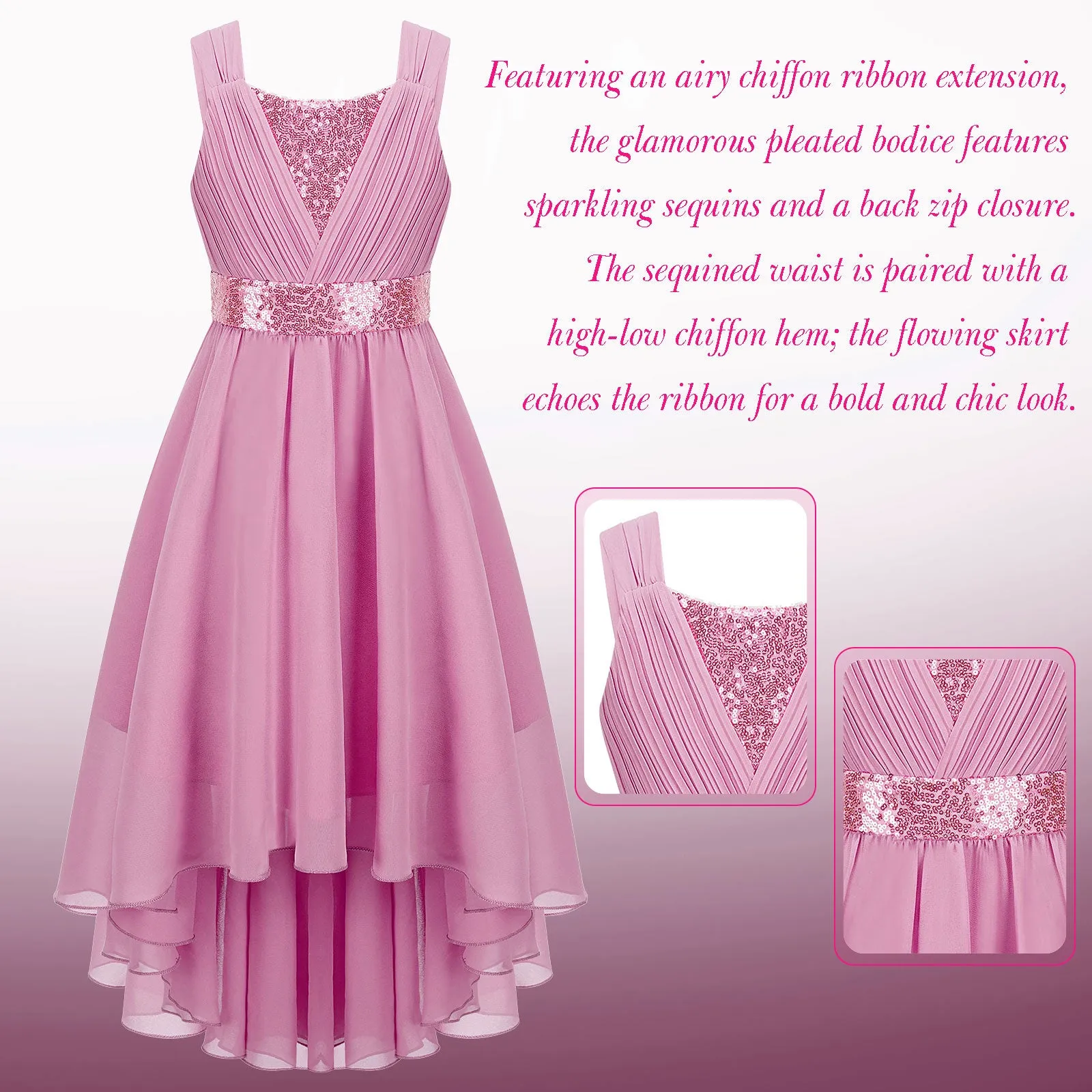 Junior Bridesmaid Dress Kids Girls Pleated Chiffon Dress Shiny Sequins Wedding Costume Children Princess Party Pageant Dress