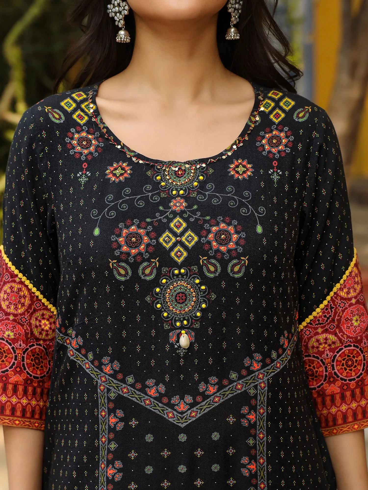Juniper Black Ethnic Motif Placement Printed Rayon Kurta With Pant And Dupatta With Bead & Sequence Work