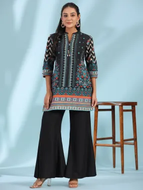 Juniper  Black Pure Cotton Geometric Printed & Pleated Kurta With Beads & Sequins