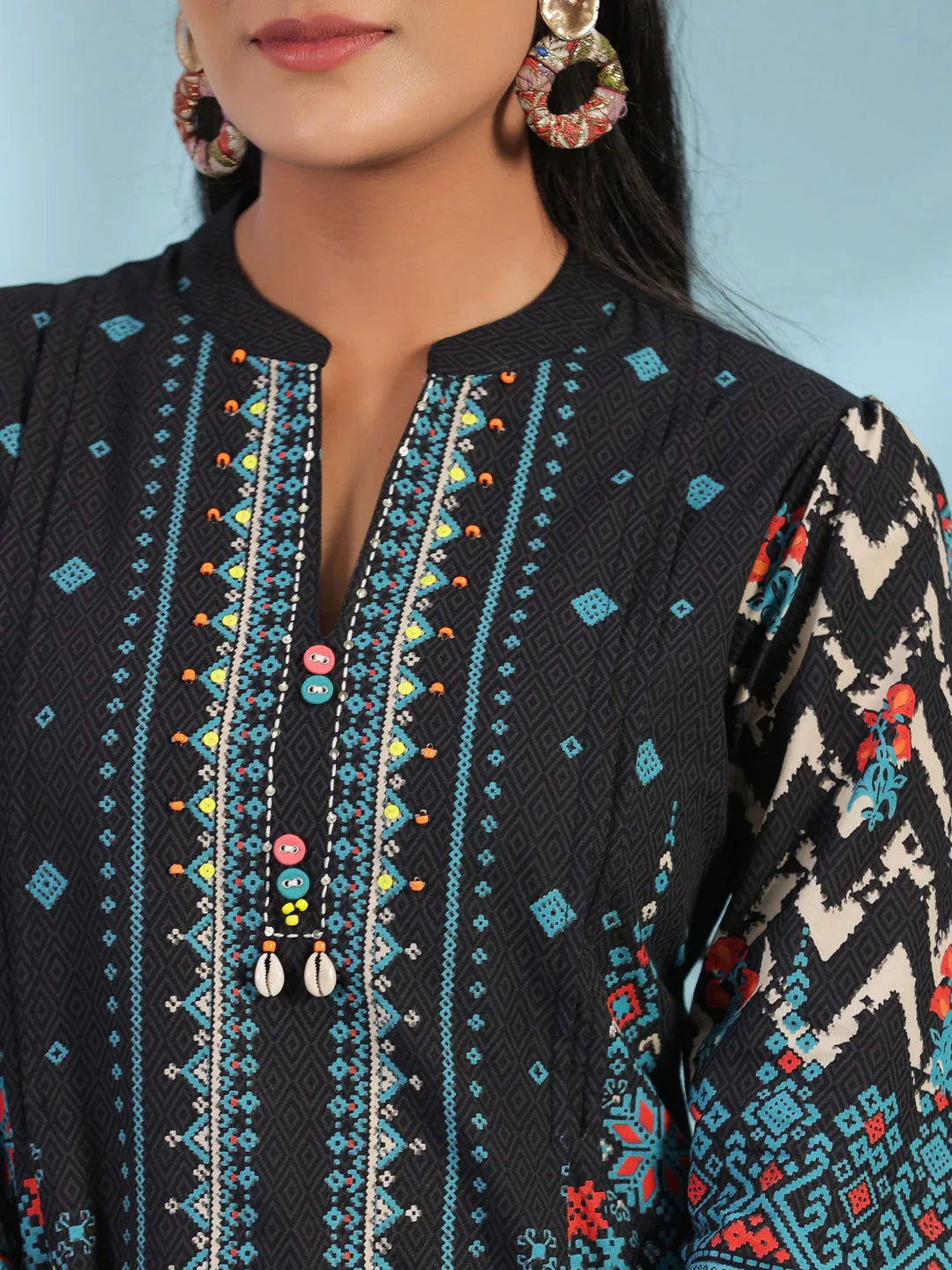 Juniper  Black Pure Cotton Geometric Printed & Pleated Kurta With Beads & Sequins