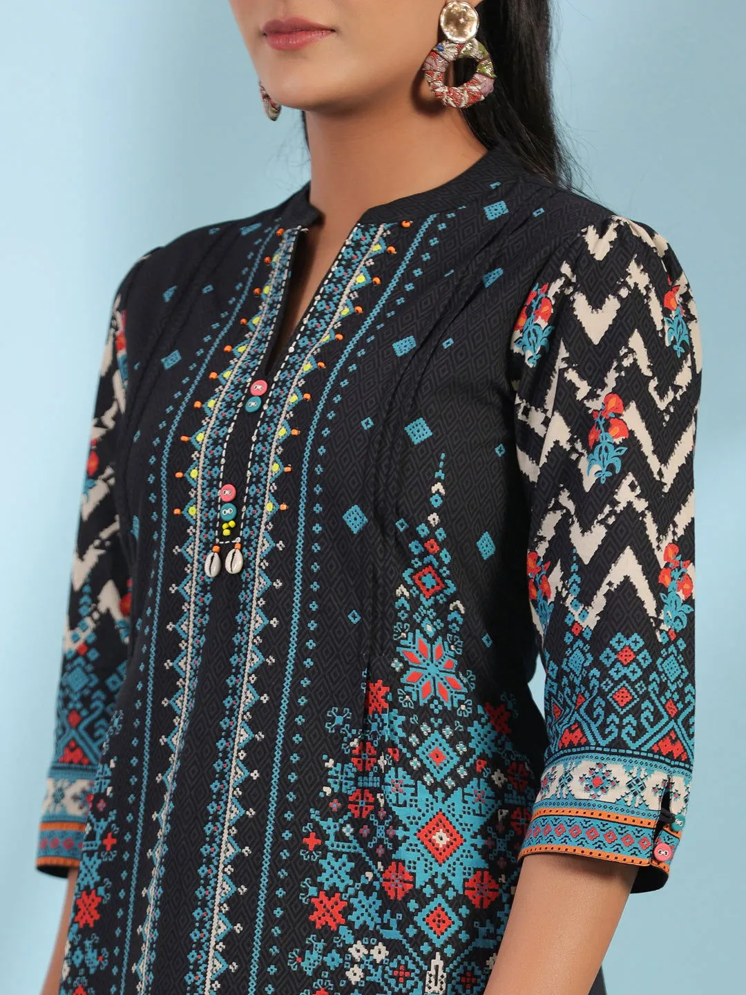 Juniper  Black Pure Cotton Geometric Printed & Pleated Kurta With Beads & Sequins