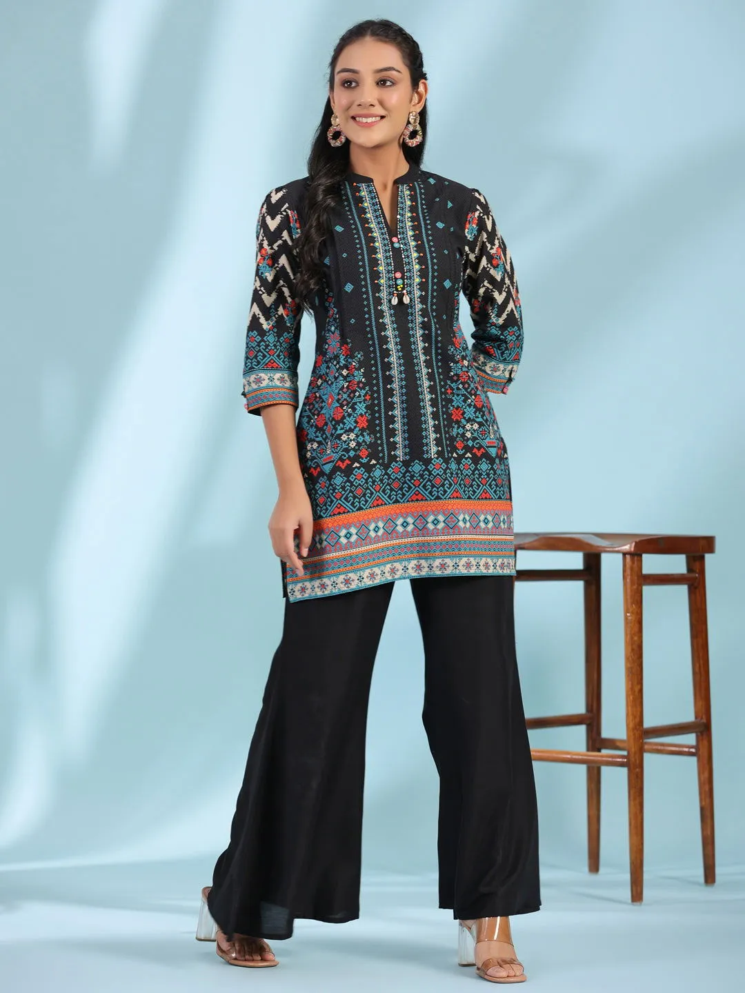 Juniper  Black Pure Cotton Geometric Printed & Pleated Kurta With Beads & Sequins