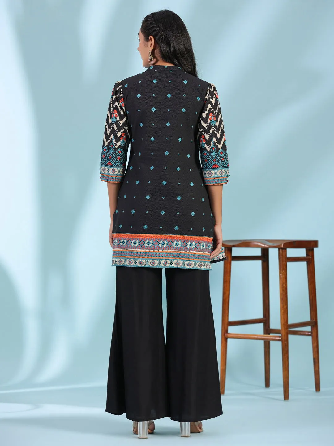 Juniper  Black Pure Cotton Geometric Printed & Pleated Kurta With Beads & Sequins