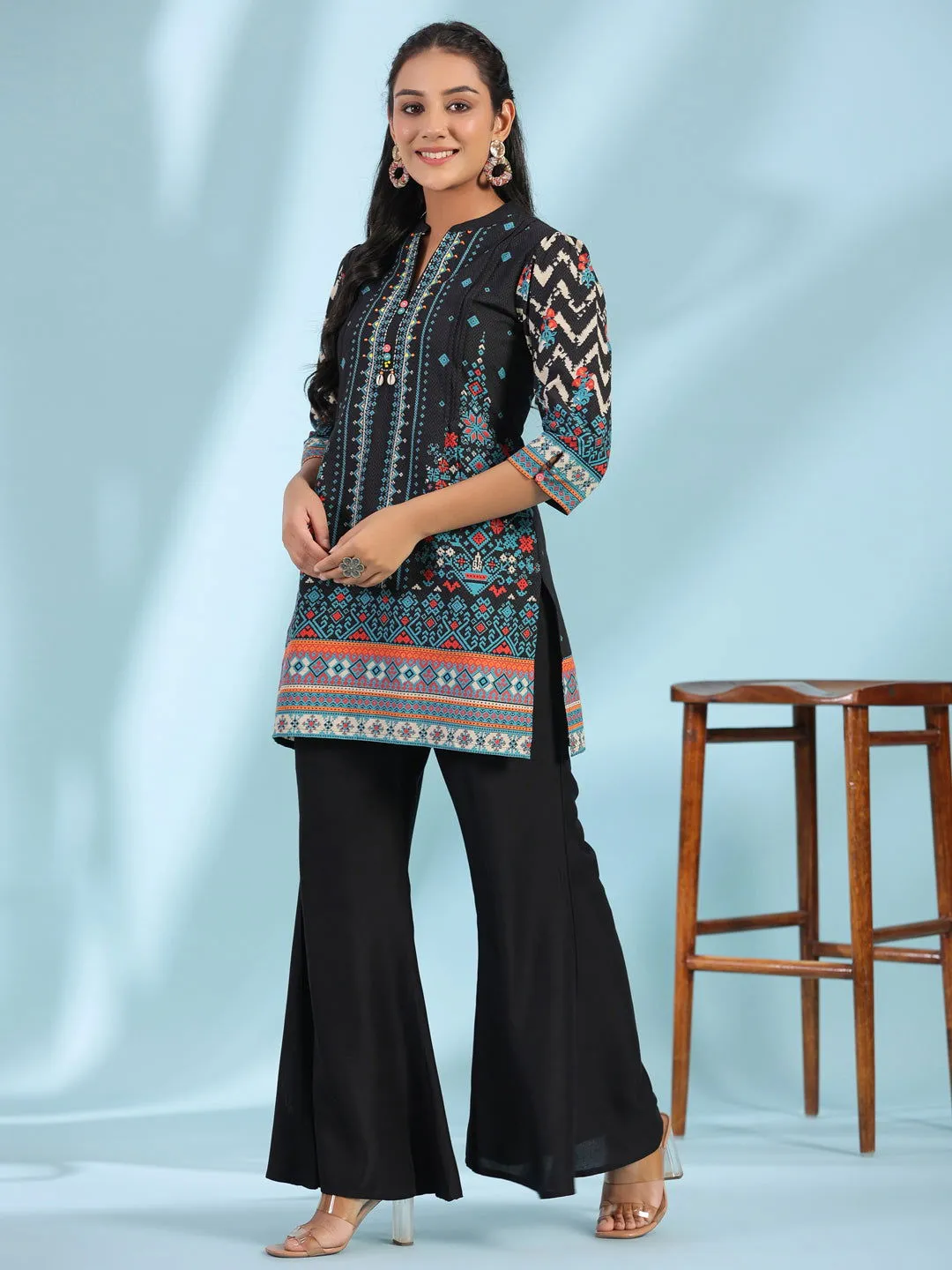Juniper  Black Pure Cotton Geometric Printed & Pleated Kurta With Beads & Sequins