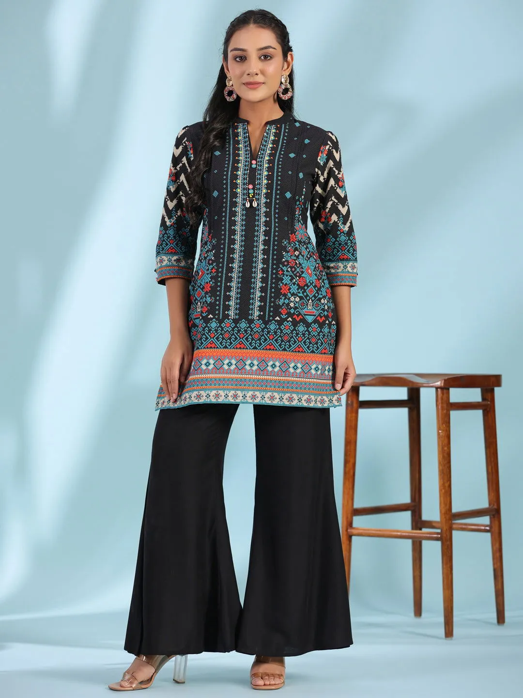 Juniper  Black Pure Cotton Geometric Printed & Pleated Kurta With Beads & Sequins