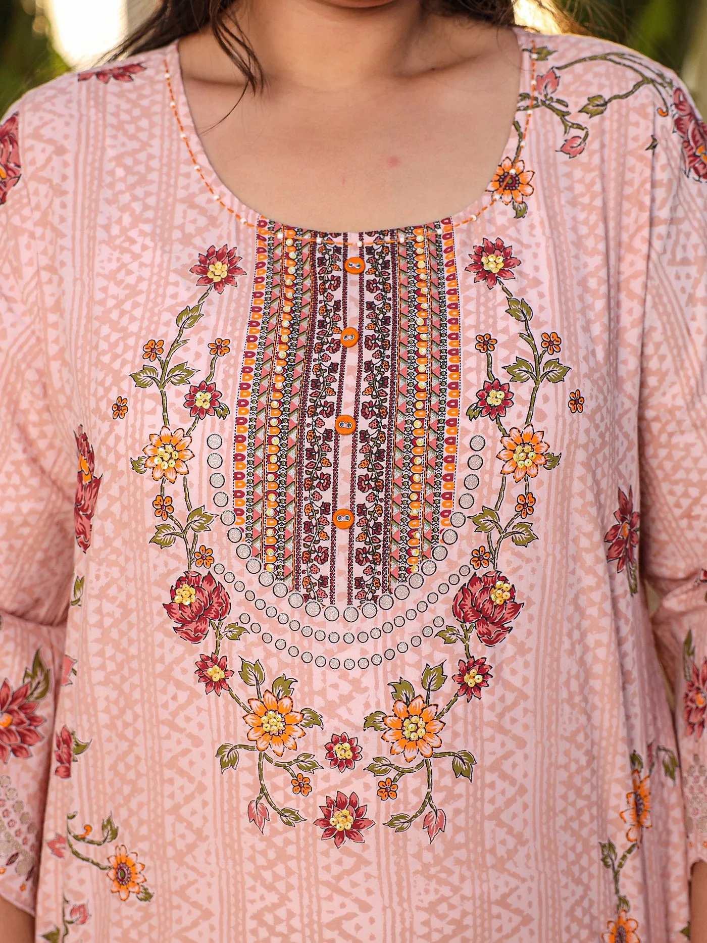 Juniper Pink Floral & Ethnic Motif Printed Cotton Cambric Plus Size Kurta Pants & Dupatta Set With Beads & Sequins (3-Pcs)
