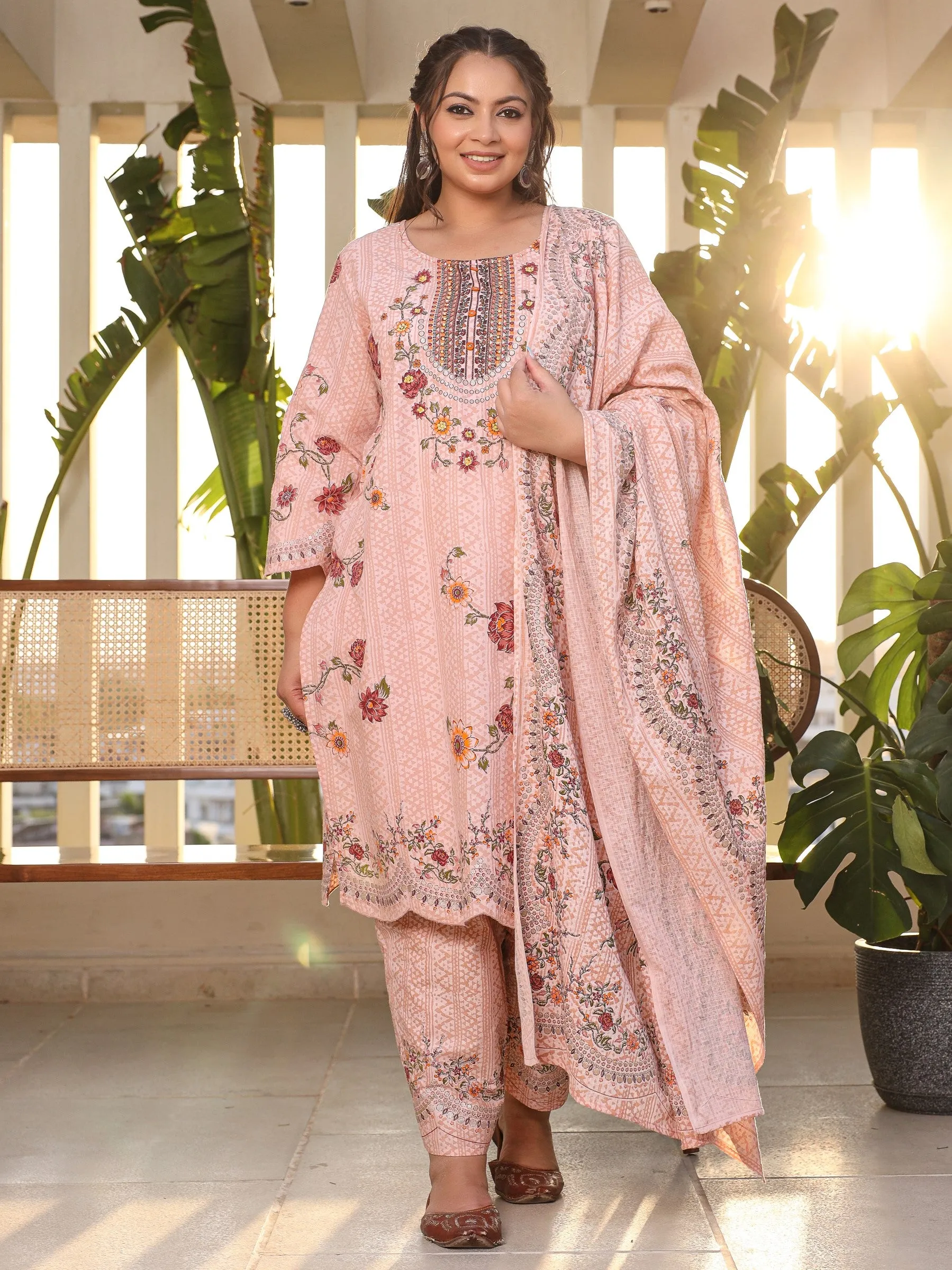 Juniper Pink Floral & Ethnic Motif Printed Cotton Cambric Plus Size Kurta Pants & Dupatta Set With Beads & Sequins (3-Pcs)