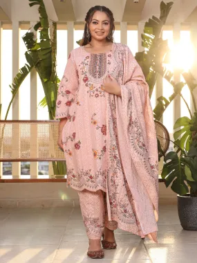 Juniper Pink Floral & Ethnic Motif Printed Cotton Cambric Plus Size Kurta Pants & Dupatta Set With Beads & Sequins (3-Pcs)