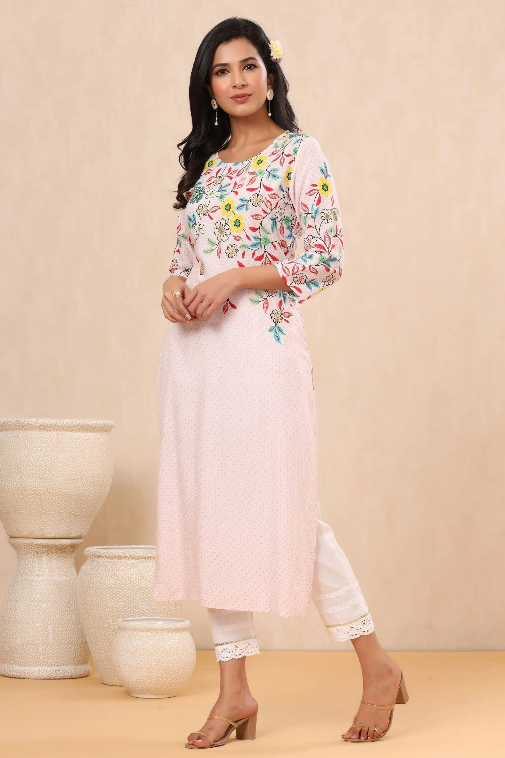 Juniper Pink Floral Printed Rayon Kurta With Sequins & Beads Work