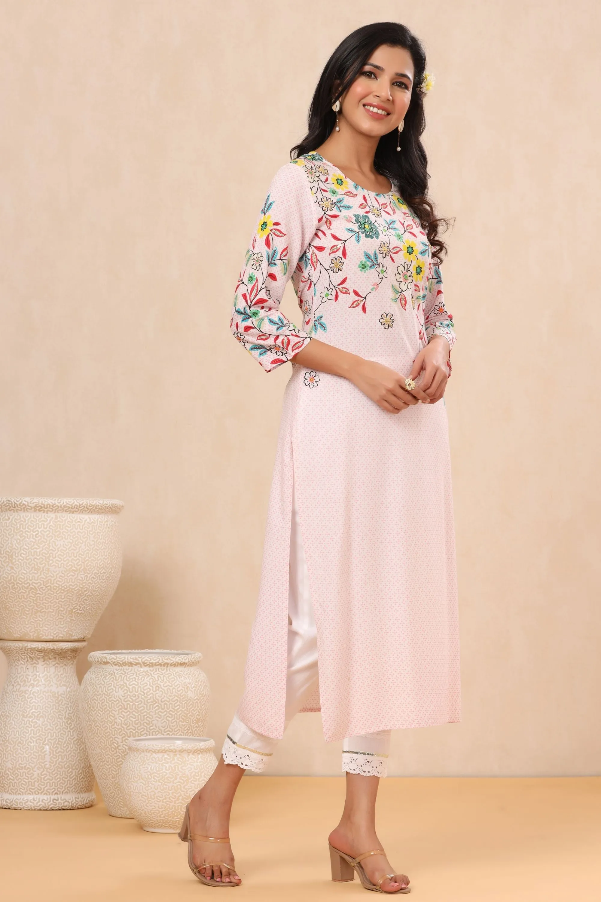 Juniper Pink Floral Printed Rayon Kurta With Sequins & Beads Work
