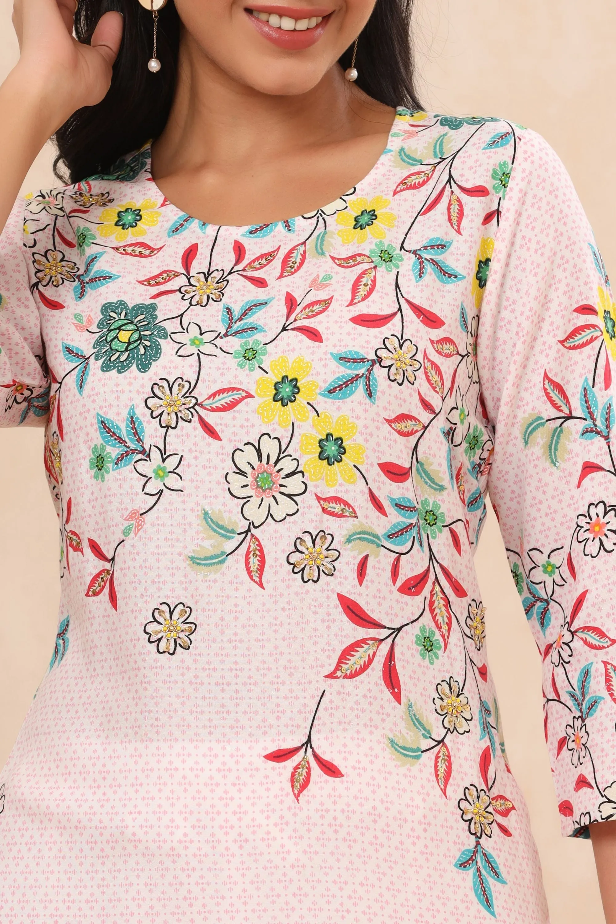 Juniper Pink Floral Printed Rayon Kurta With Sequins & Beads Work