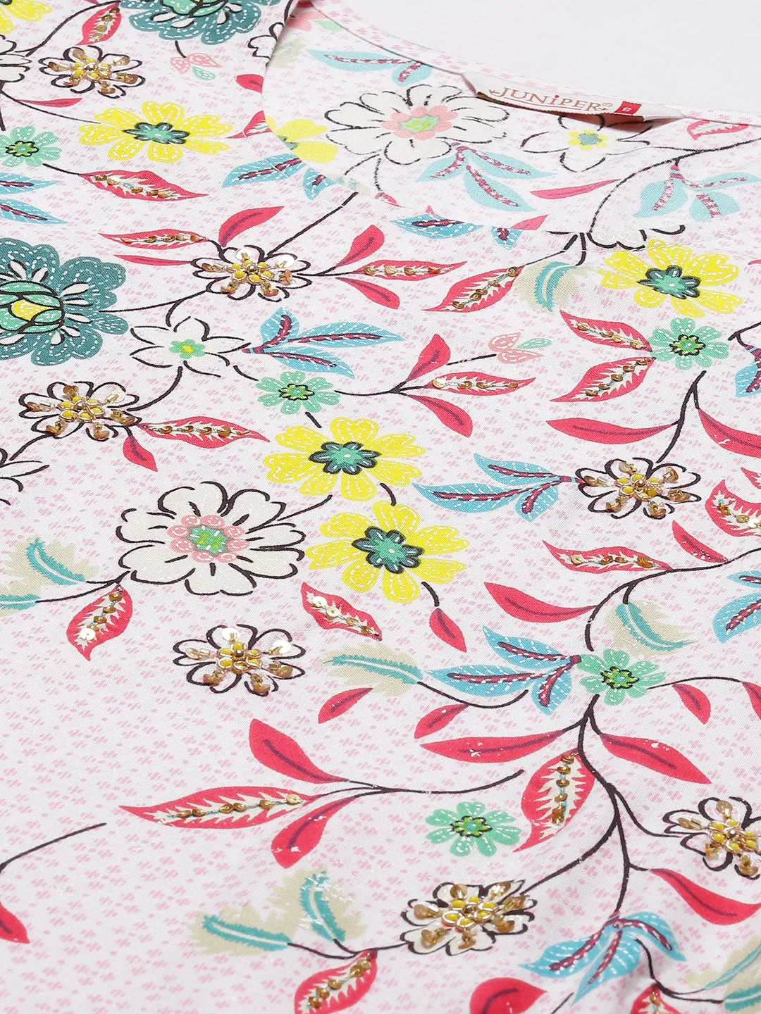 Juniper Pink Floral Printed Rayon Kurta With Sequins & Beads Work